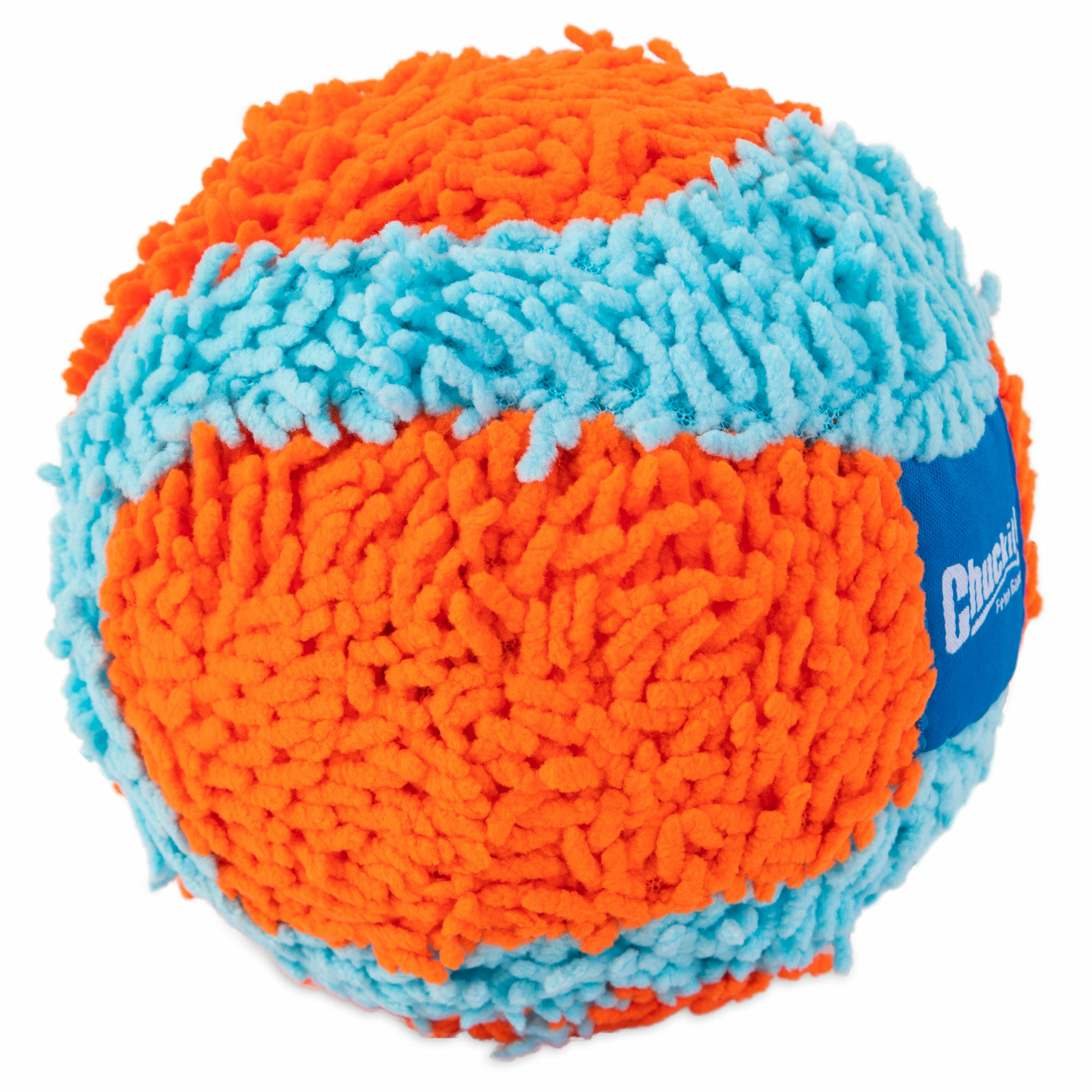 Una palla soffice arancione e azzurra con etichetta blu.