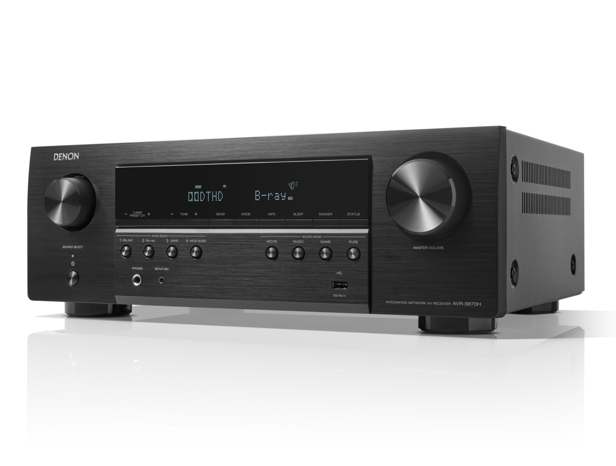 Czarny odbiornik AV Denon AVR-S670H z gałkami i ekranem.