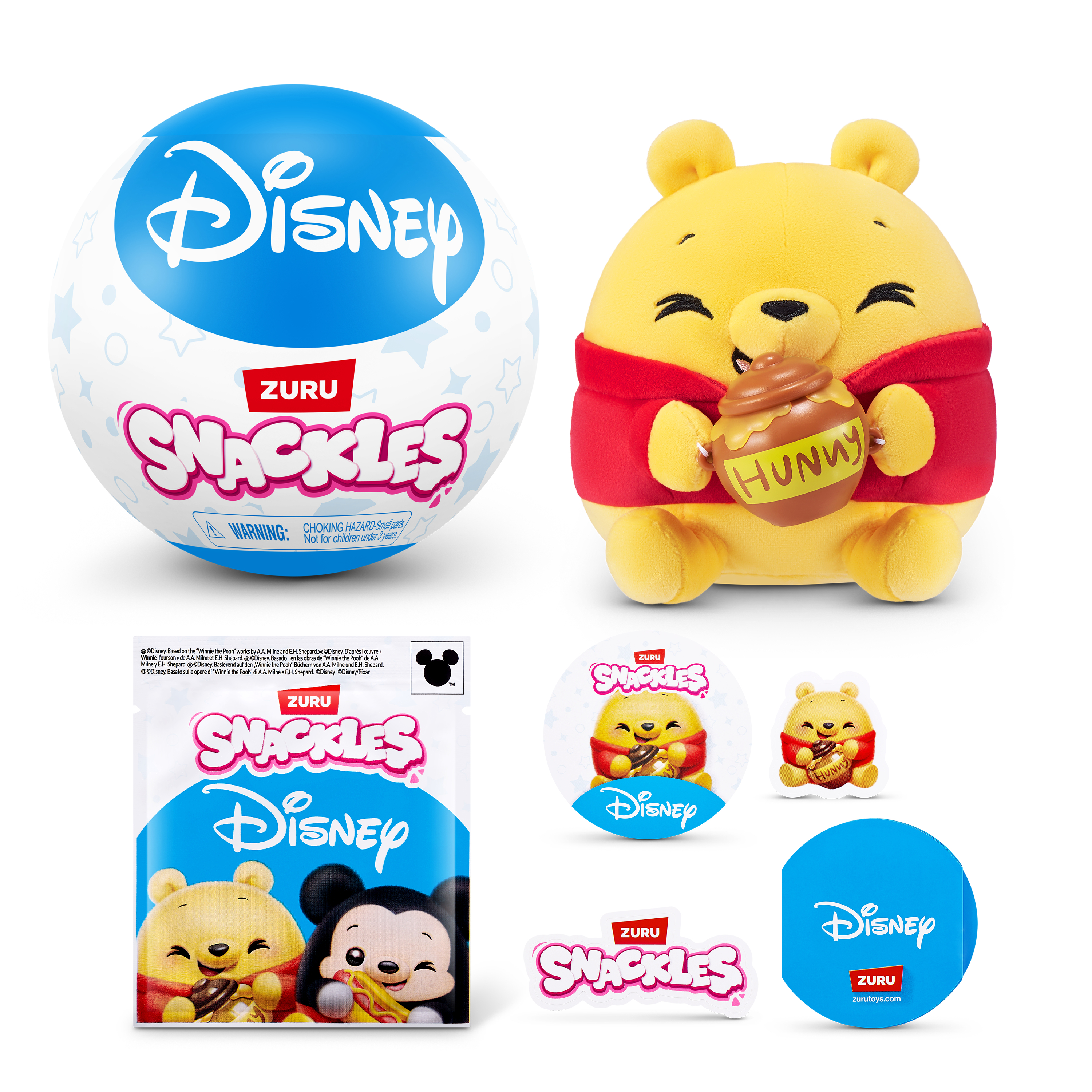 ZURU Disney Snackles: Peluche Pooh, bola y pegatinas con logos Disney y ZURU.