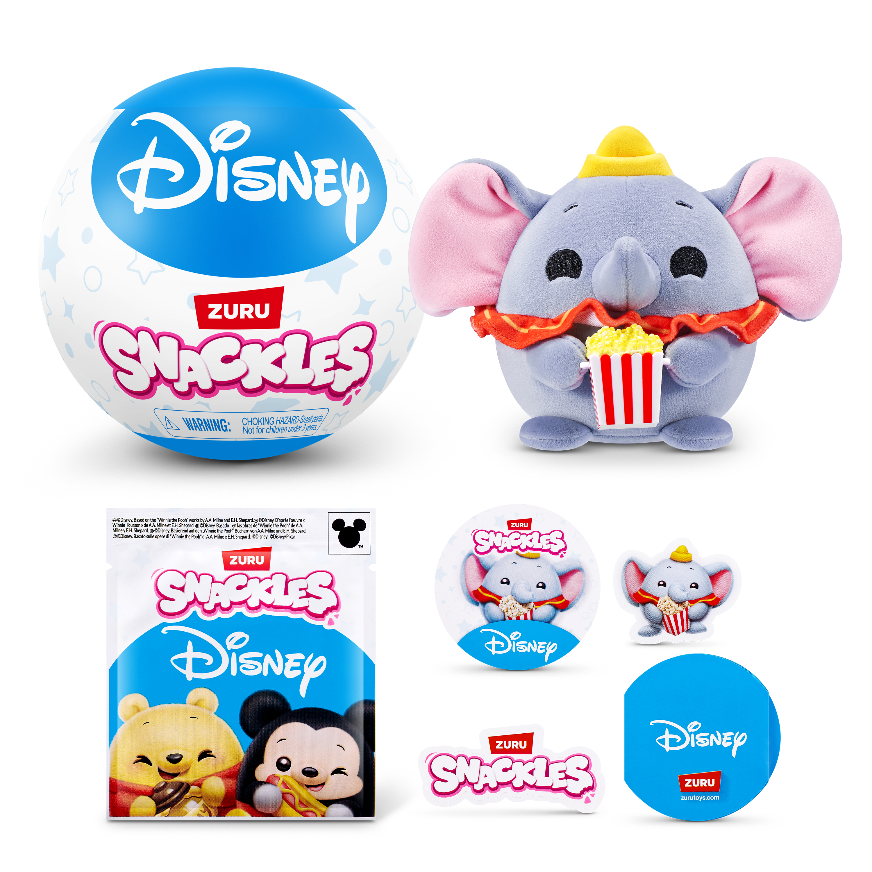 Tres productos Disney Snackles: una pelota, un peluche y pegatinas.