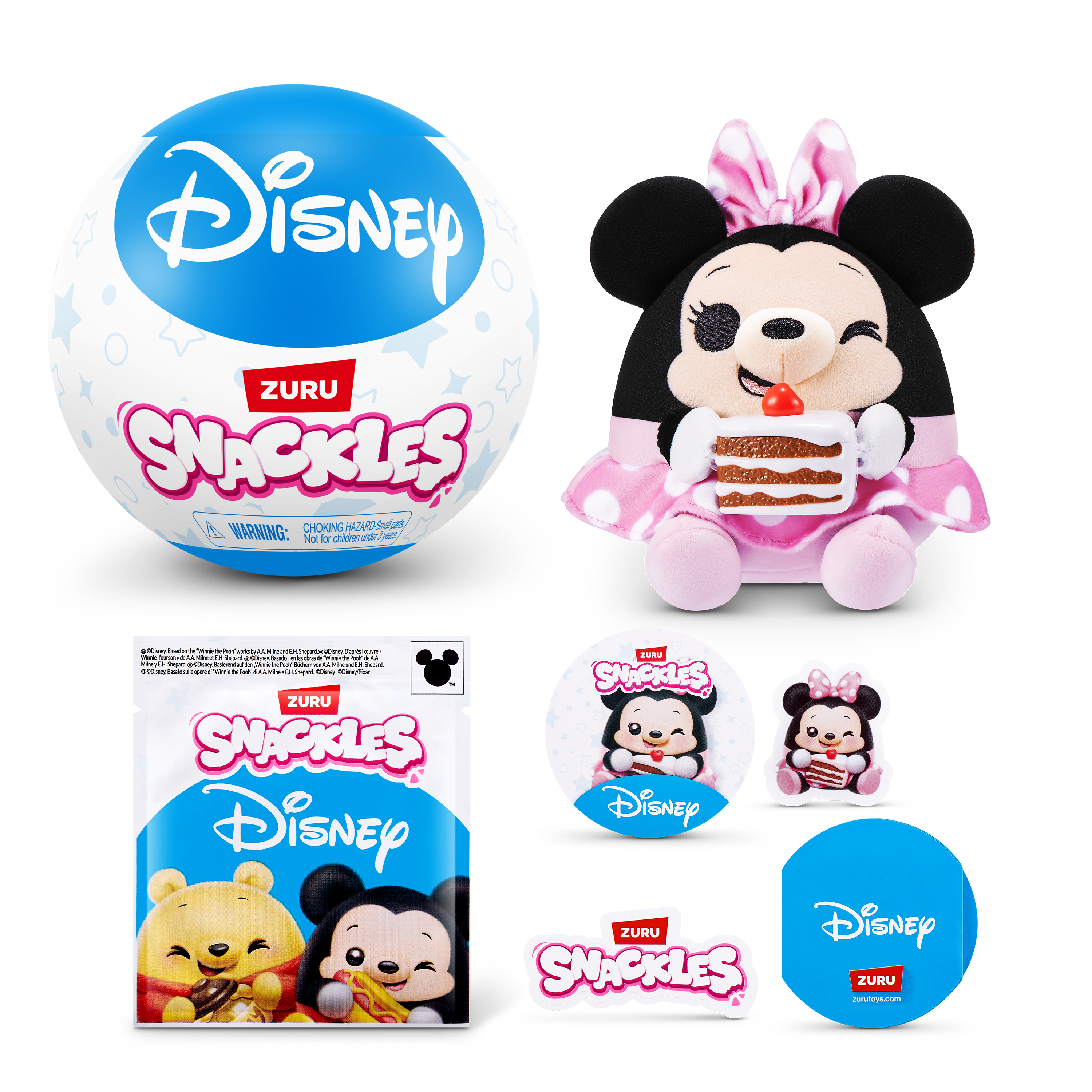 Juguetes Disney Snackles: Peluche Minnie con pastel, pelota, bolsa y pegatinas.