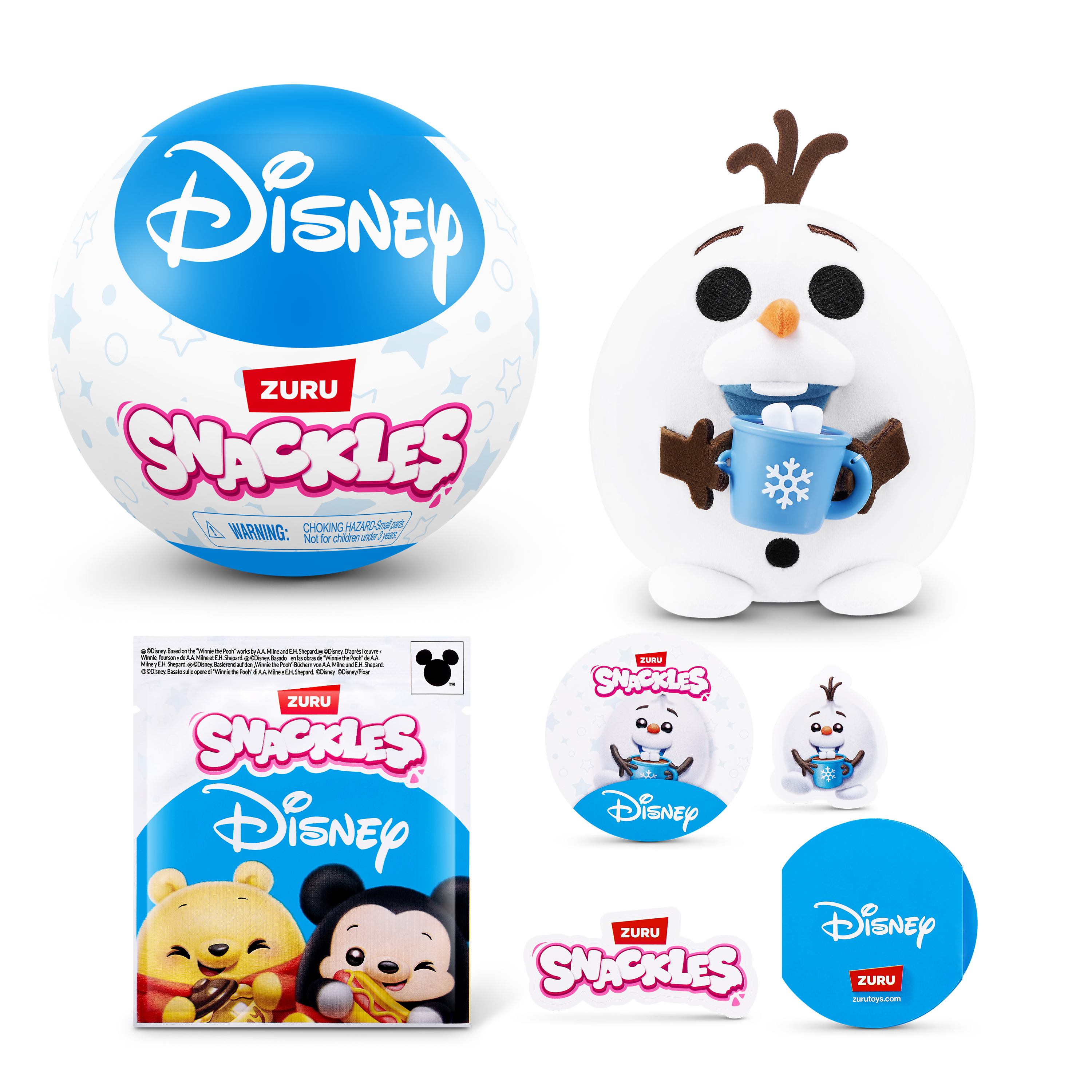 Juguetes Disney Snackles: Olaf con cacao, esfera, bolsa y pegatinas.