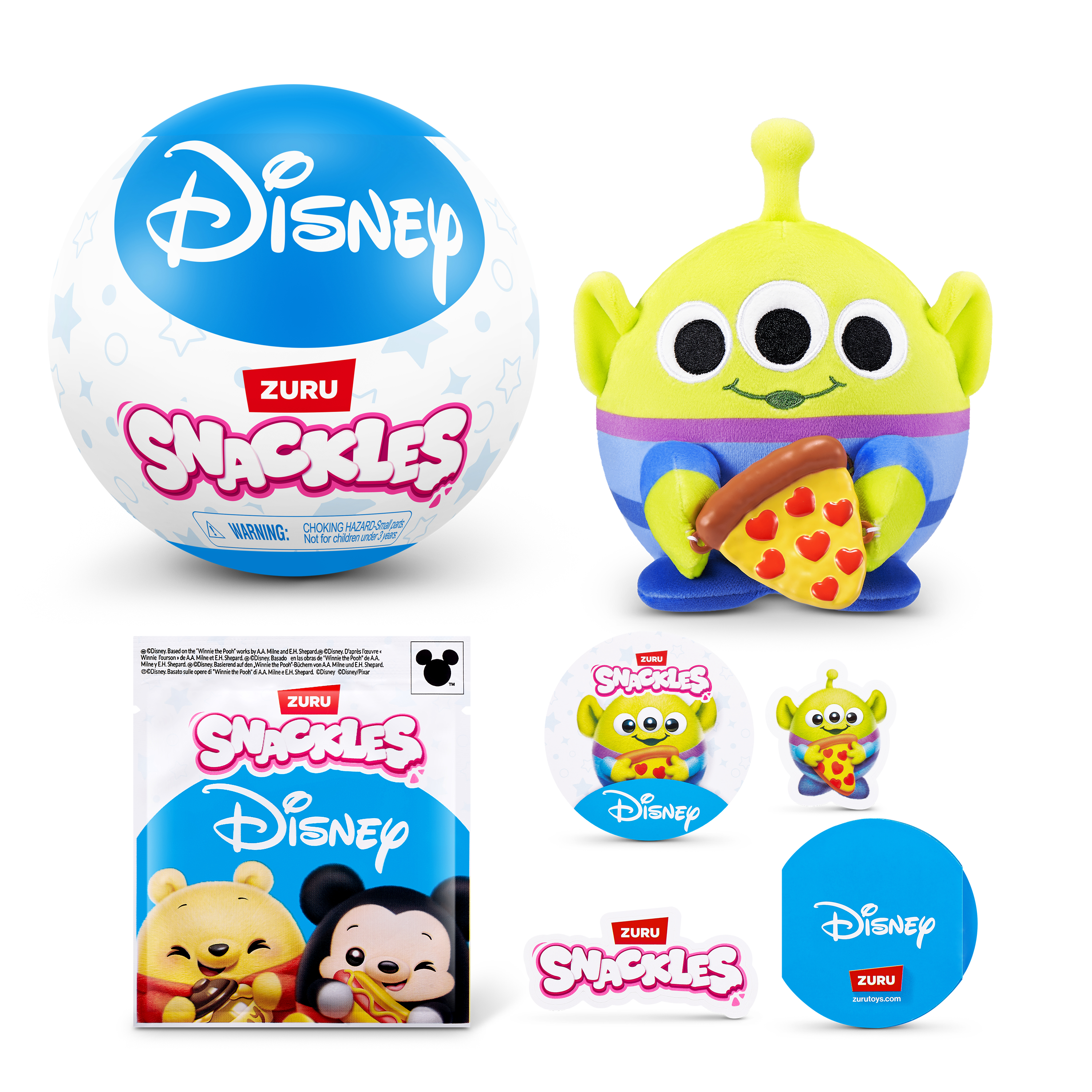 Juguetes Disney Snackles: Alien con pizza, Winnie Pooh, Mickey Mouse y logo ZURU.