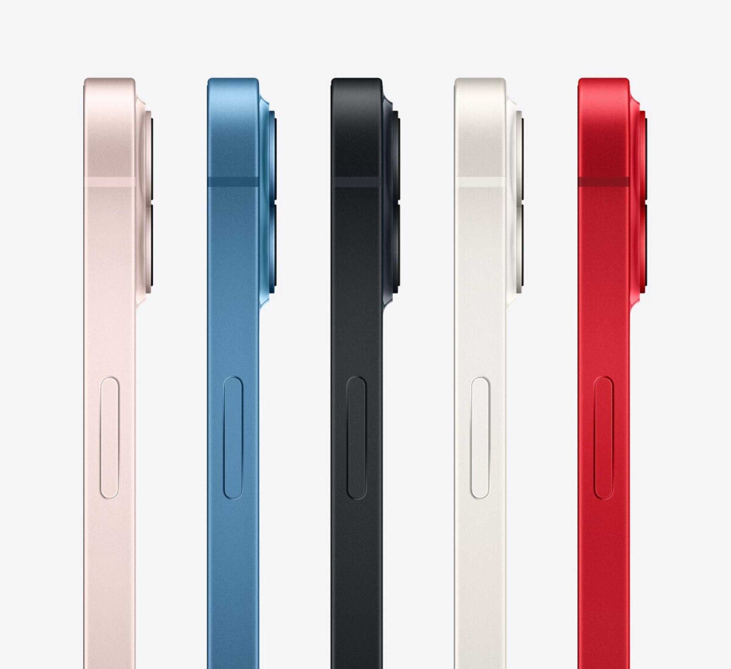 Pięć iPhone'ów w kolorach różowym, niebieskim, czarnym, białym i czerwonym.