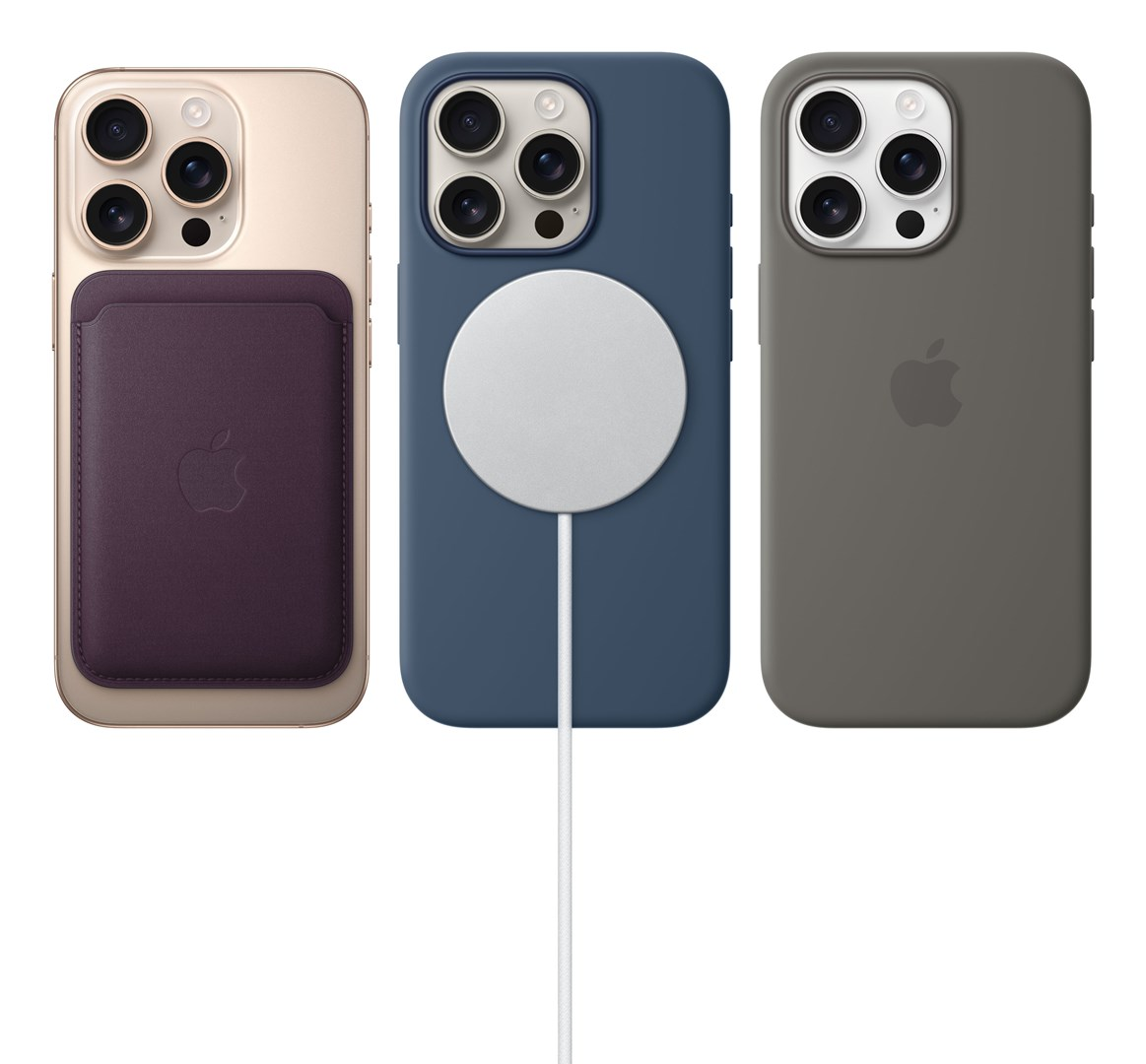 Trzy iPhone obok siebie: jeden z portfelem, jeden z ładowarką, jeden z etui.