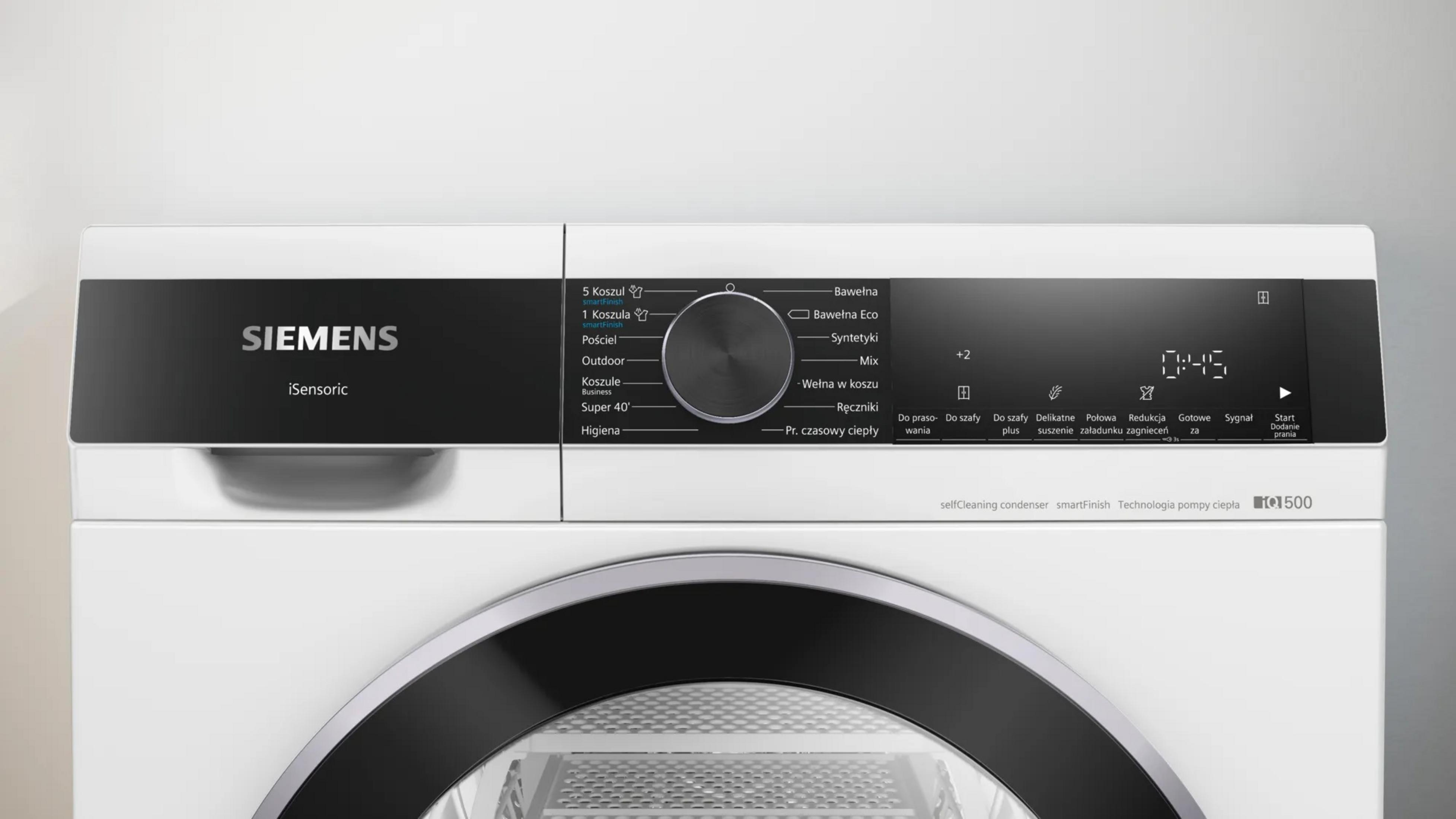 Suszarka Siemens z panelem sterowania, pokrętłem programów i wyświetlaczem cyfrowym.