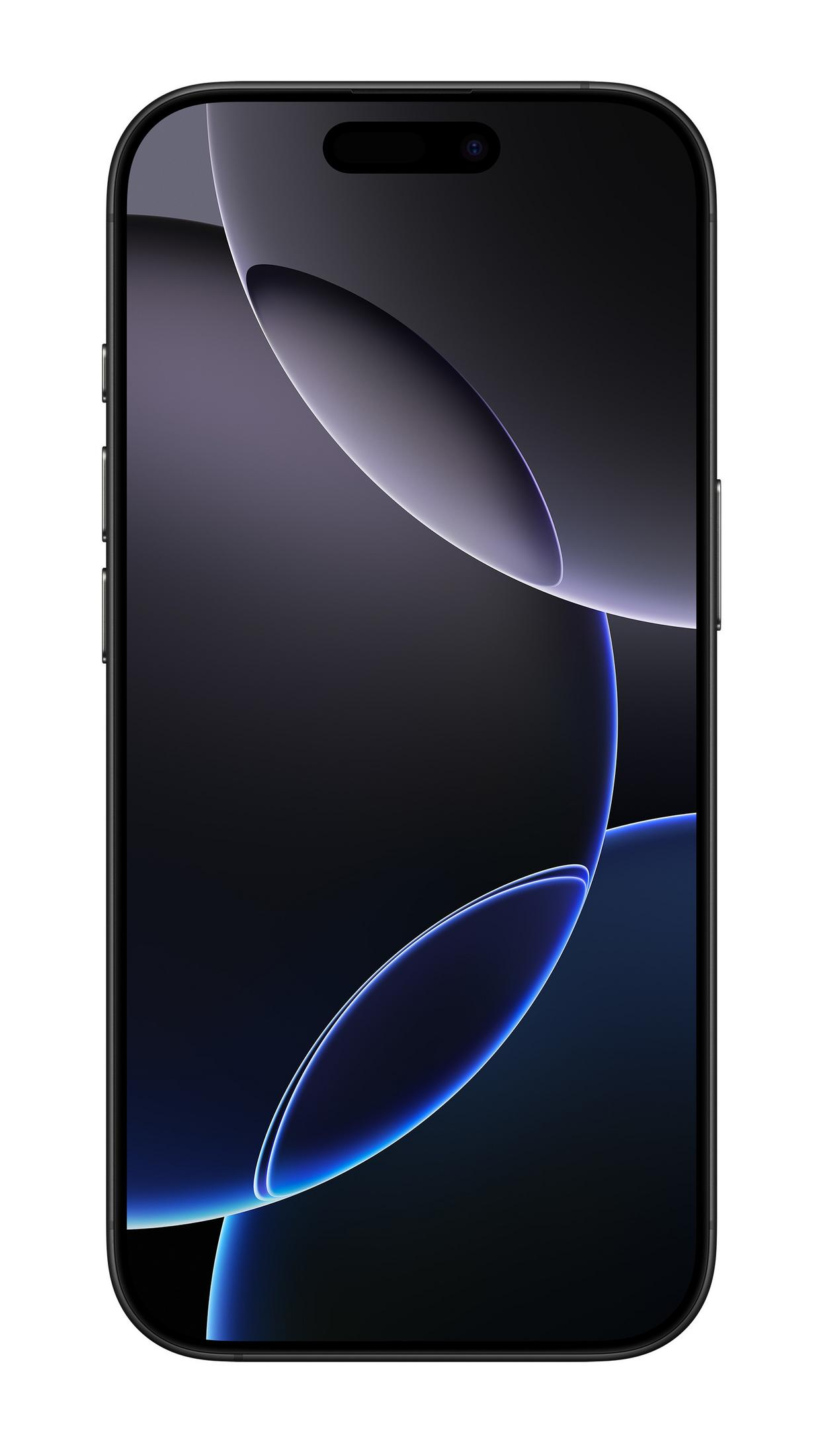 Ciemny smartfon z abstrakcyjną, niebiesko-fioletową tapetą.