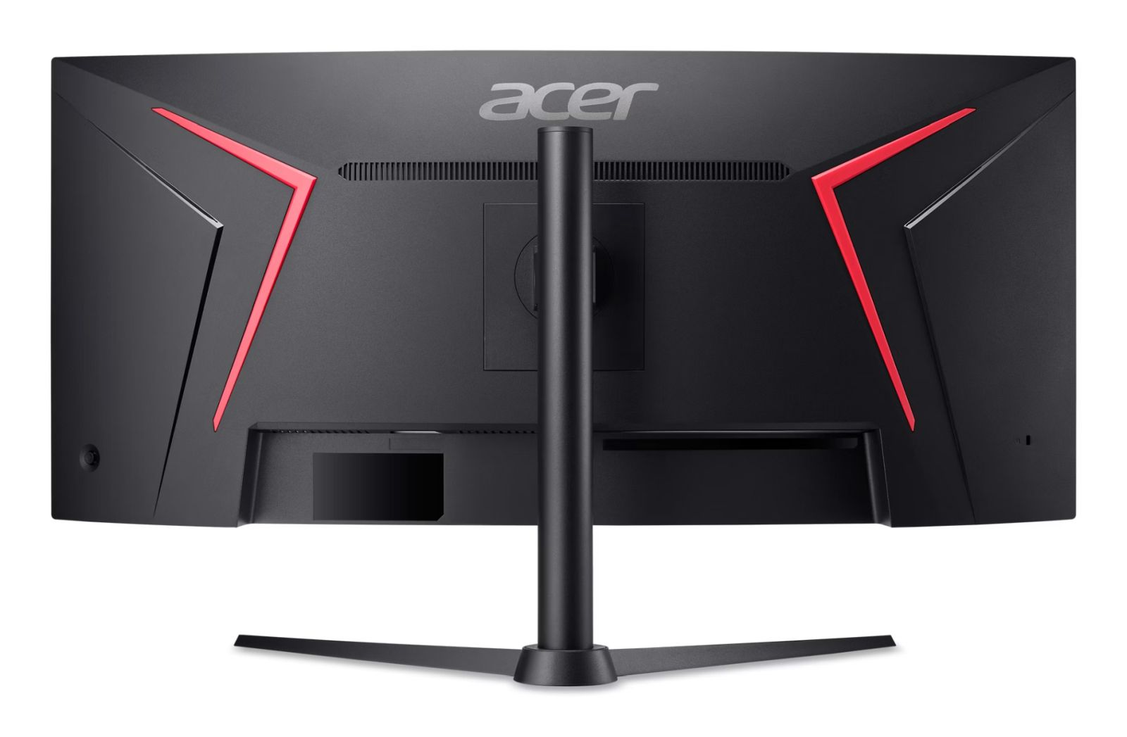 Tył czarnego monitora gamingowego Acer z czerwonymi akcentami i trójnożną podstawą.