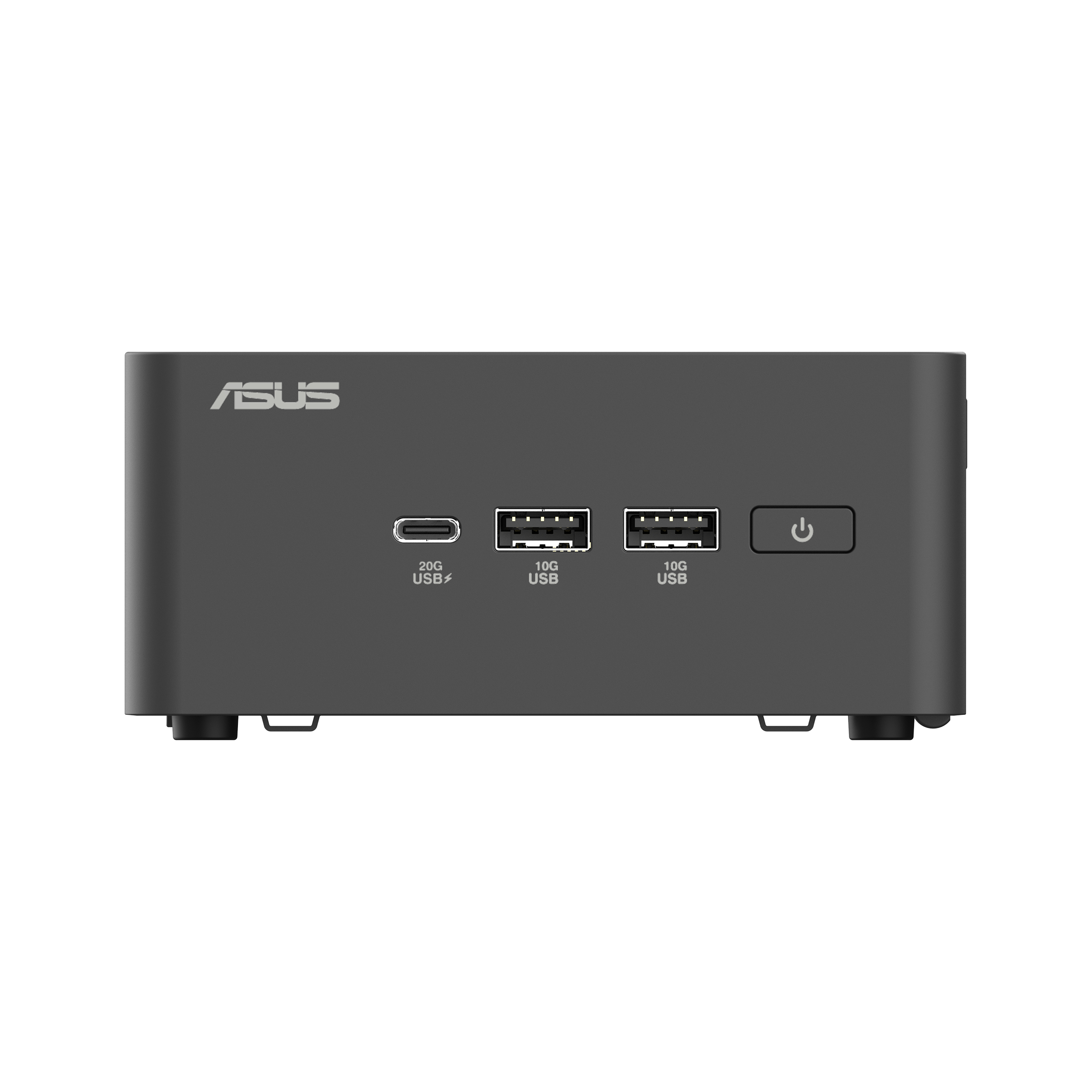 Ciemnoszary mini PC ASUS z portami USB-C, USB-A i przyciskiem zasilania.