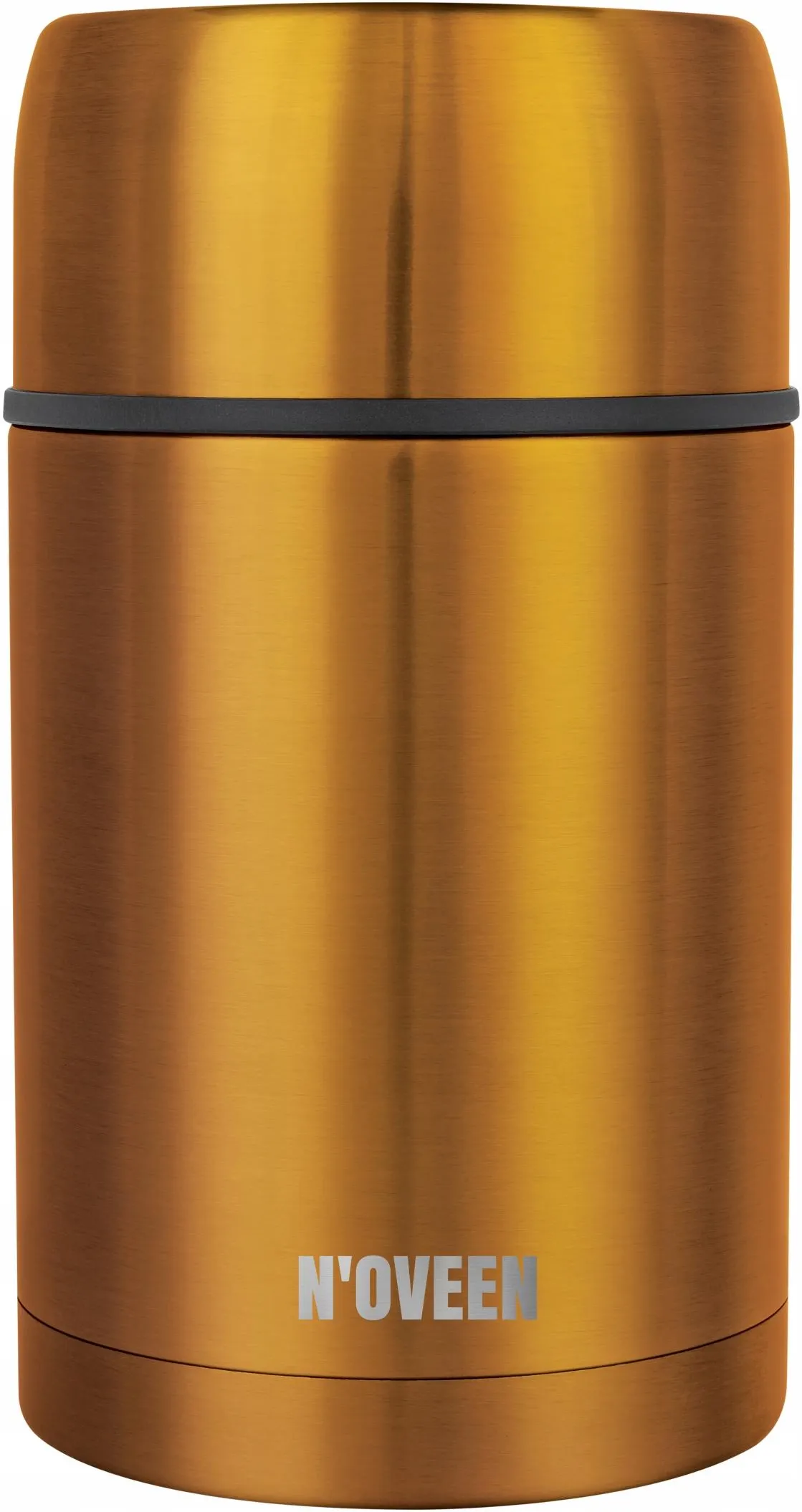 Złoty termos z czarnym paskiem i logo.