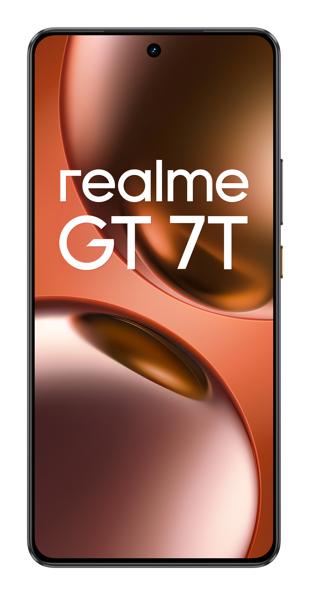 Ein schwarzes Smartphone mit weißer Schrift 'realme GT 7T' auf orangem Hintergrund.
