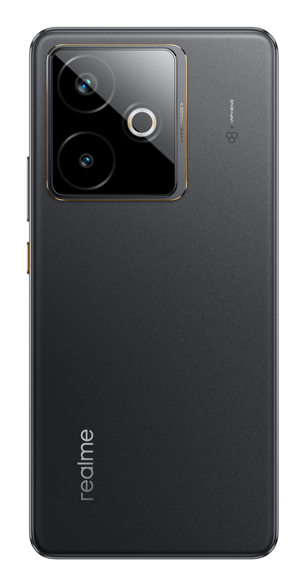 Rückseite eines dunklen Smartphones mit drei Kameras und dem Realme-Logo.