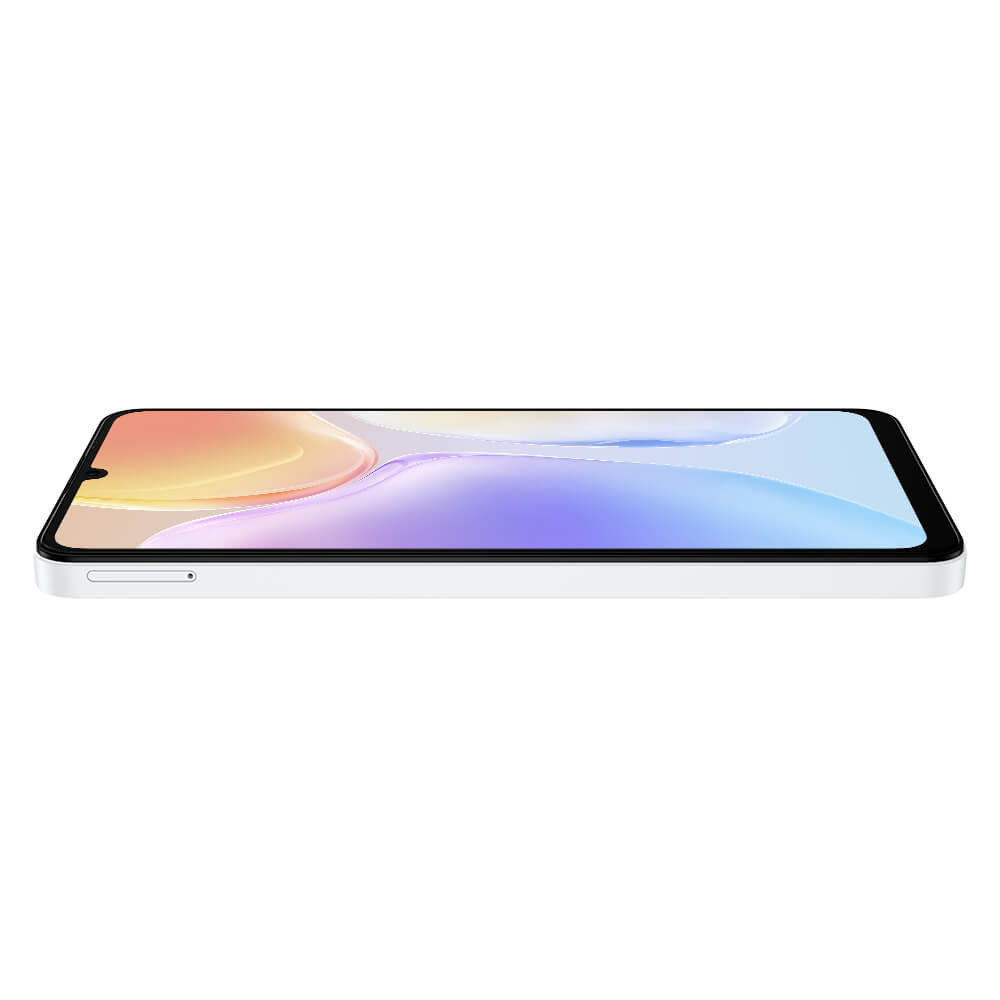 Biały smartfon widziany z profilu z kolorową tapetą.