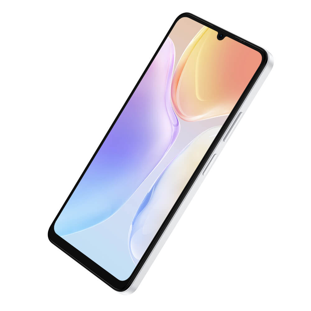 Biały smartfon z kolorowym tłem wyświetlanym na ekranie.