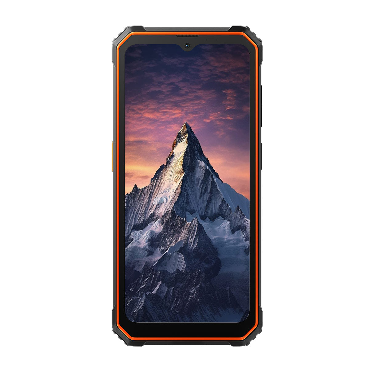 Robustes Smartphone mit Bergmotiv auf dem Bildschirm, schwarzer Rahmen, orange Akzente.