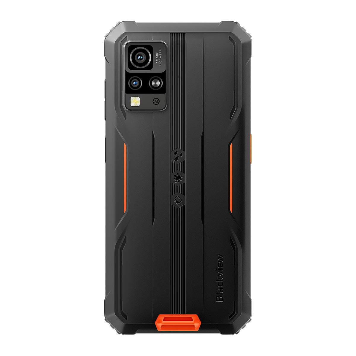 Schwarzes Smartphone mit 13MP Kamera, orange Akzenten und dem Schriftzug Blackview.