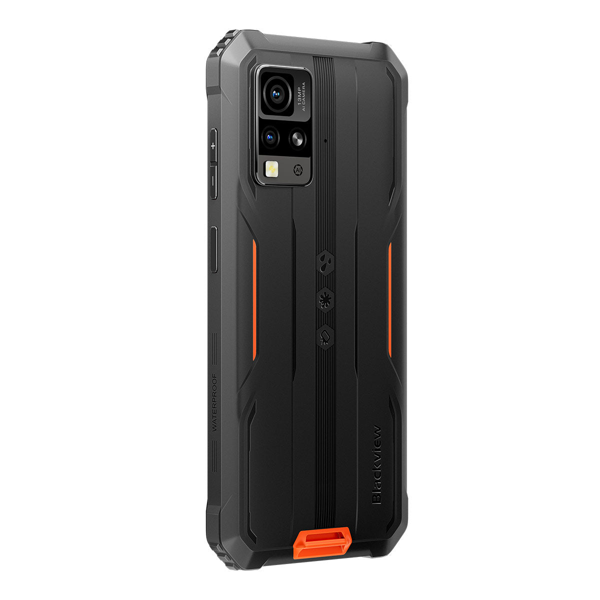 Robustes schwarzes Blackview-Smartphone mit orangefarbenen Akzenten und Kameramodul.