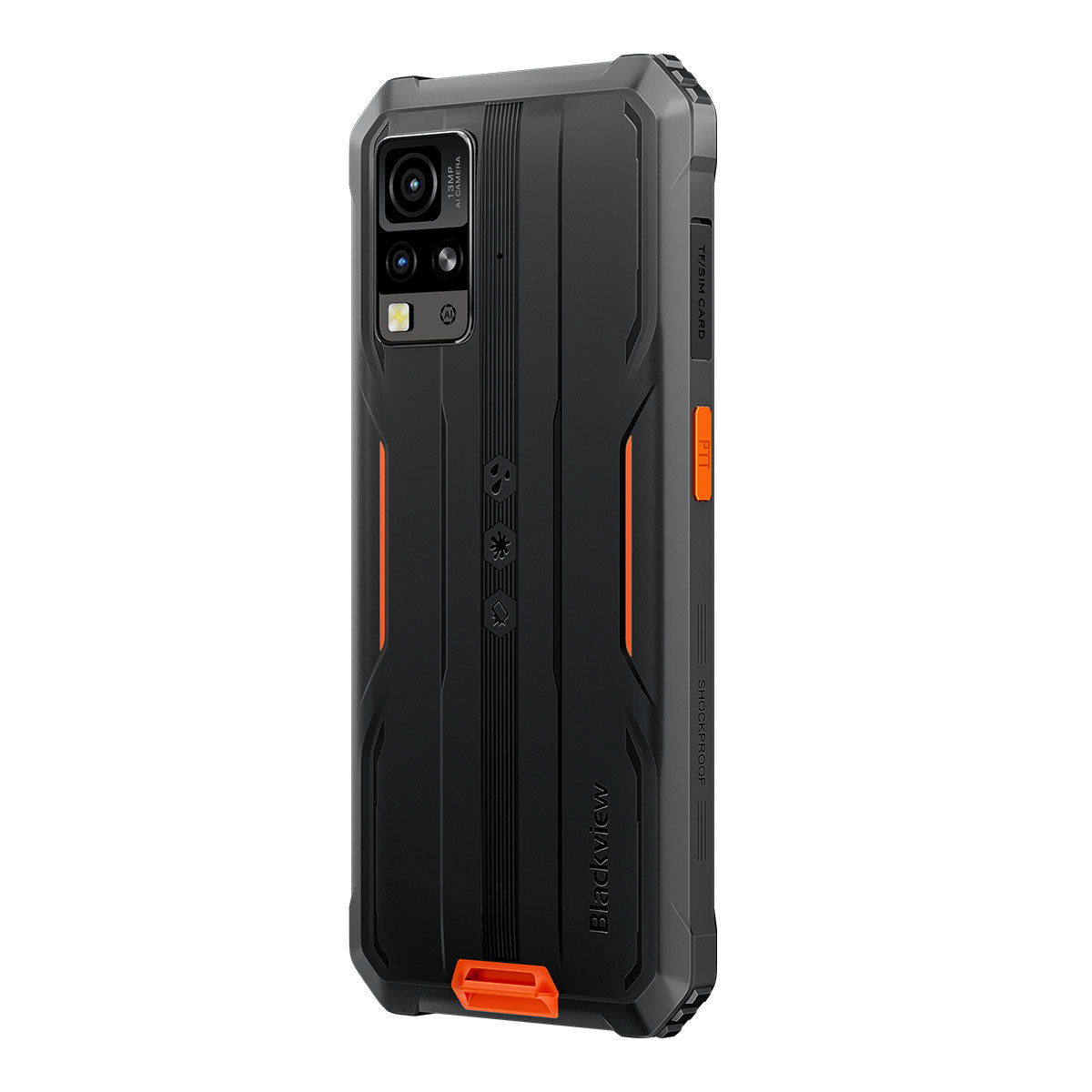 Robustes schwarzes Smartphone mit orangen Akzenten und Kameramodul.