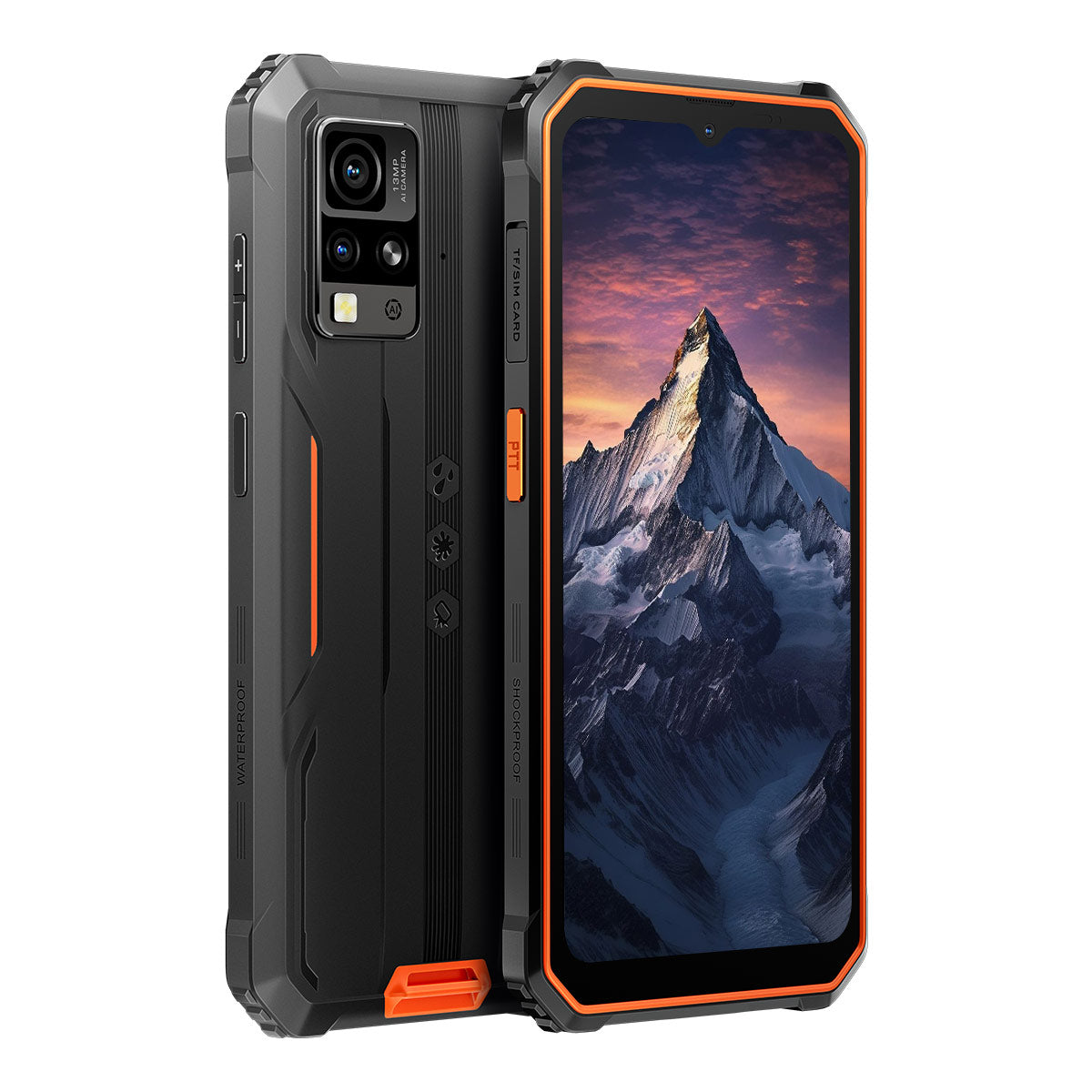 Schwarzes robustes Smartphone mit orangefarbenen Akzenten. Kamera hinten, Bergmotiv auf dem Bildschirm.