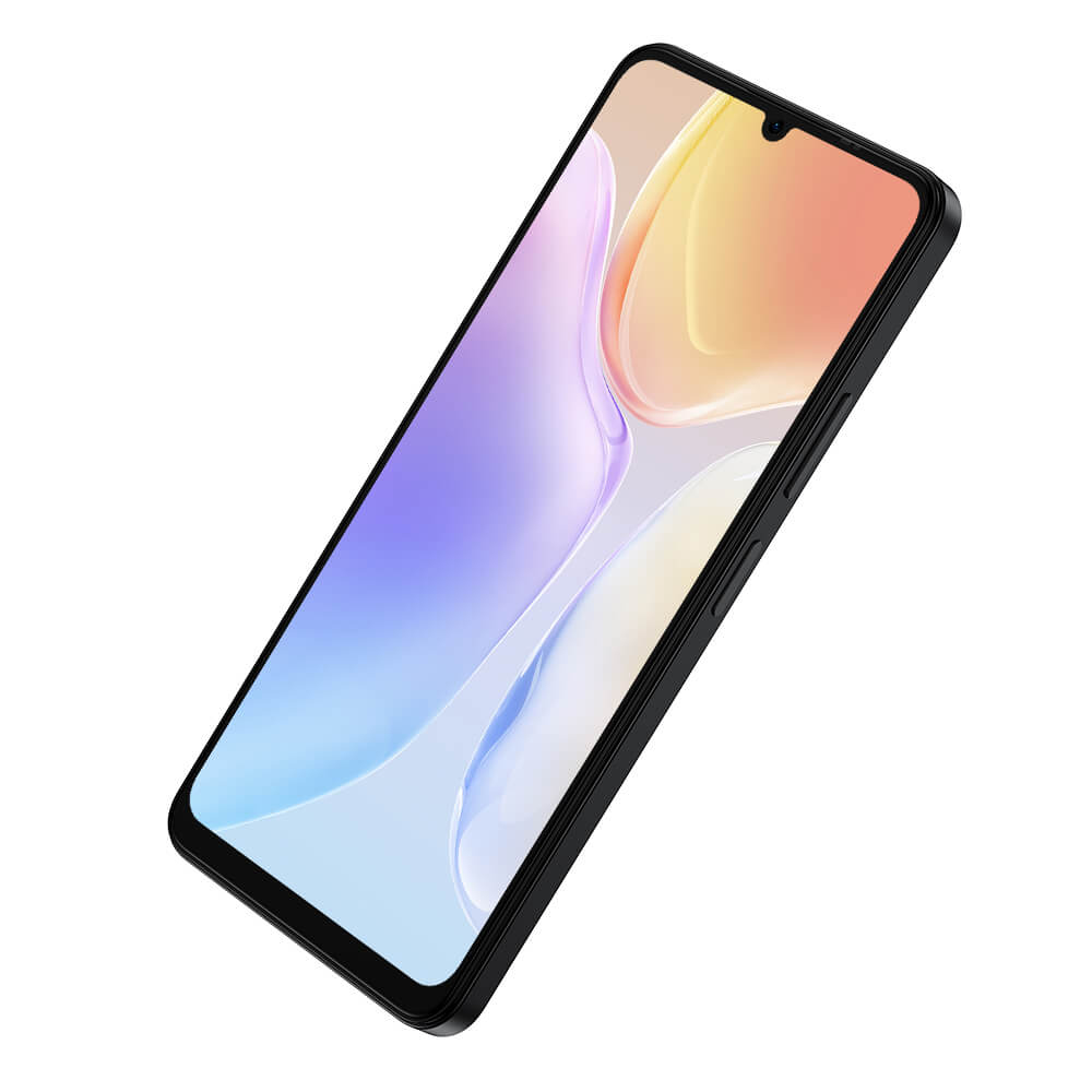 Czarny smartfon z kolorową tapetą przypominającą płynne kolory.