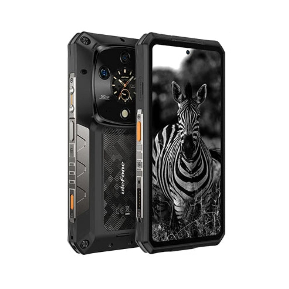 Wytrzymały smartfon z tapetą zebry. Tył pokazuje kamery i logo.