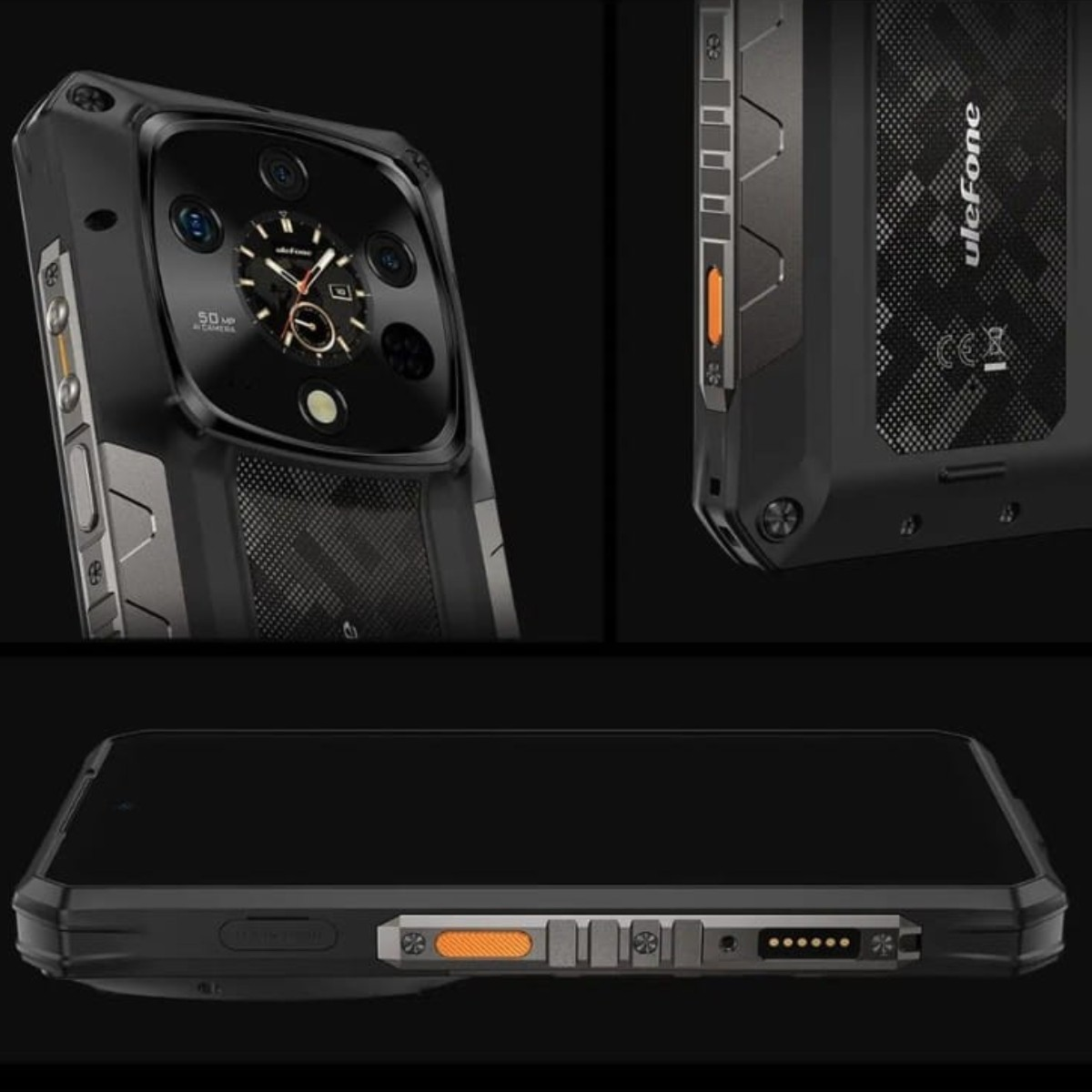 Tył wytrzymałego czarnego smartfona z trzema aparatami i detalami tarczy zegarka.