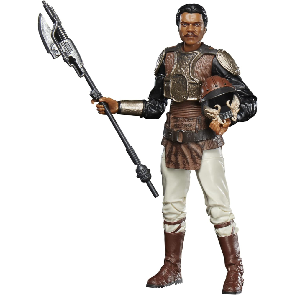 Action figure di un uomo con i baffi che tiene un'arma e un casco.