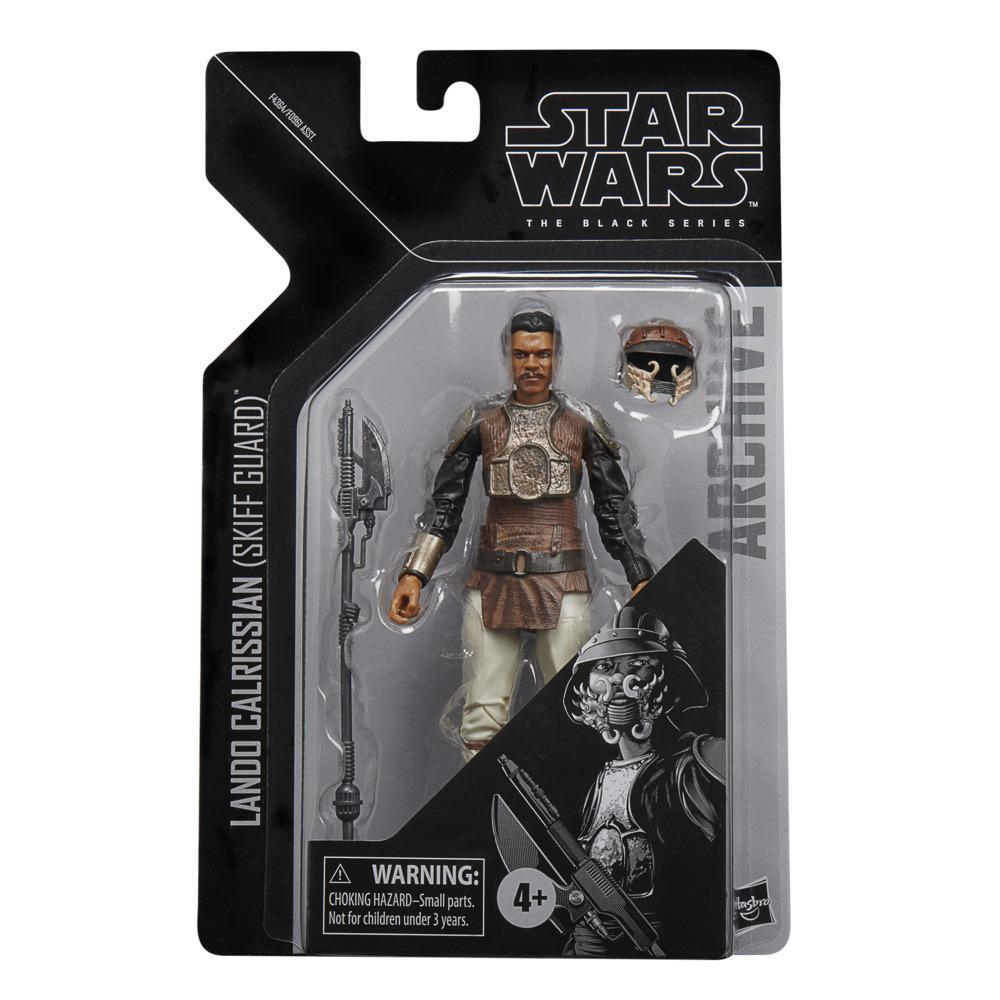Action figure Star Wars Lando Calrissian Skiff Guard in confezione con etichetta di avvertenza.