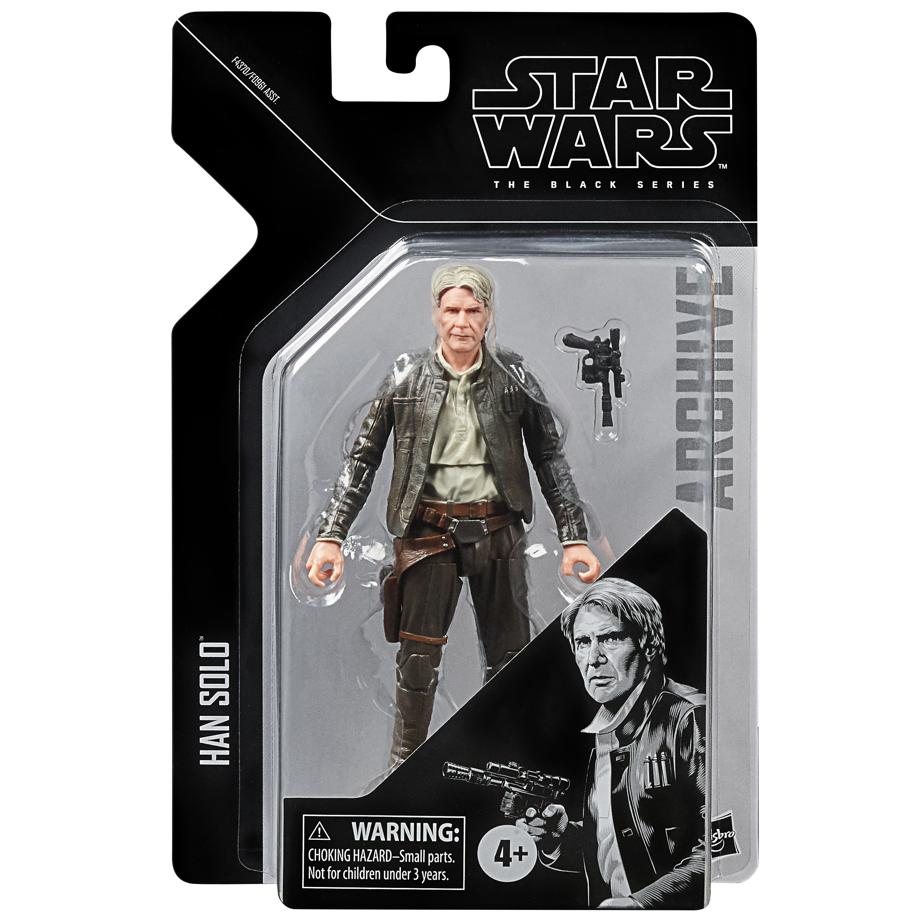 Figurka akcji Star Wars Han Solo w opakowaniu z akcesoriami i ostrzeżeniami.