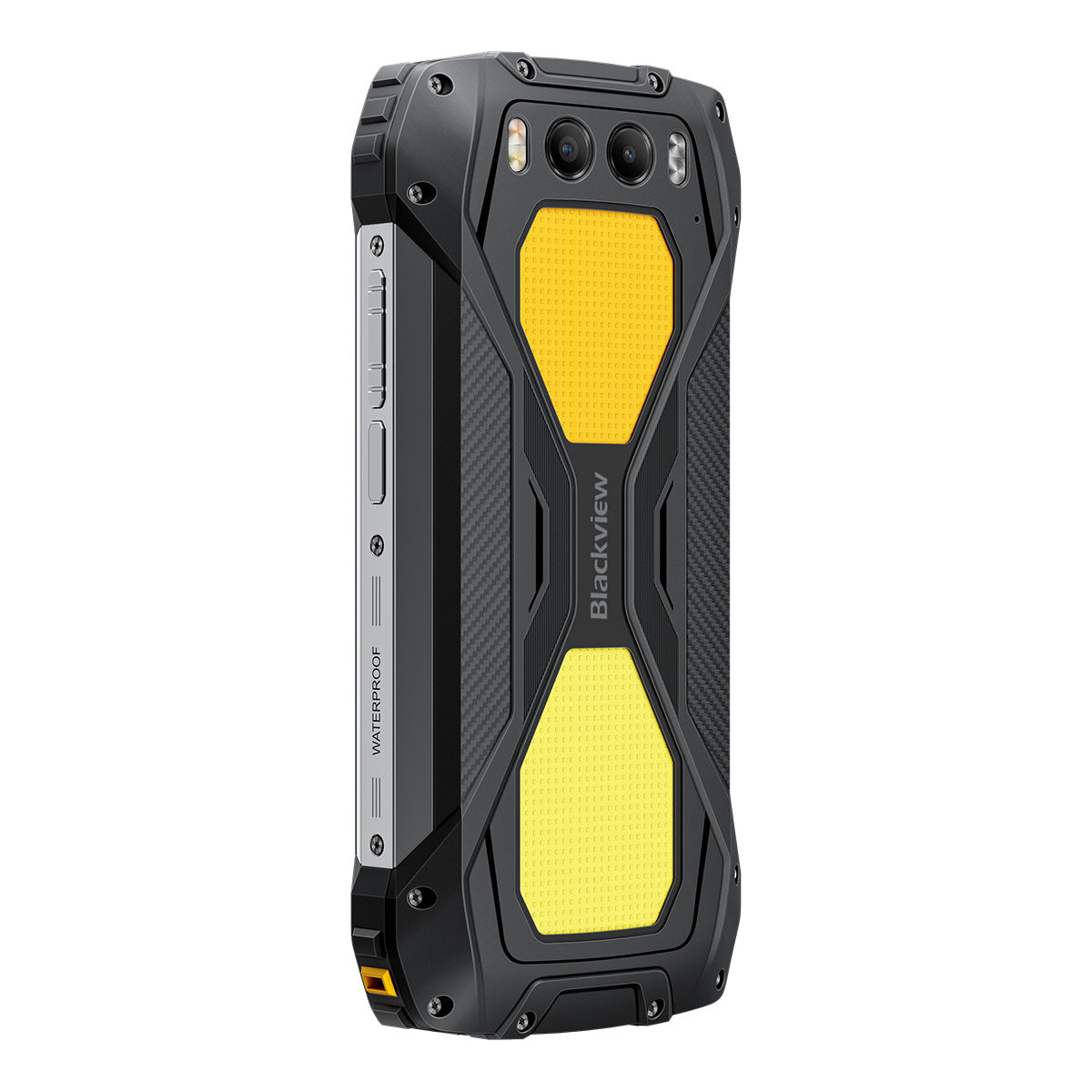 Smartphone Blackview nero con accenti gialli e fotocamere.