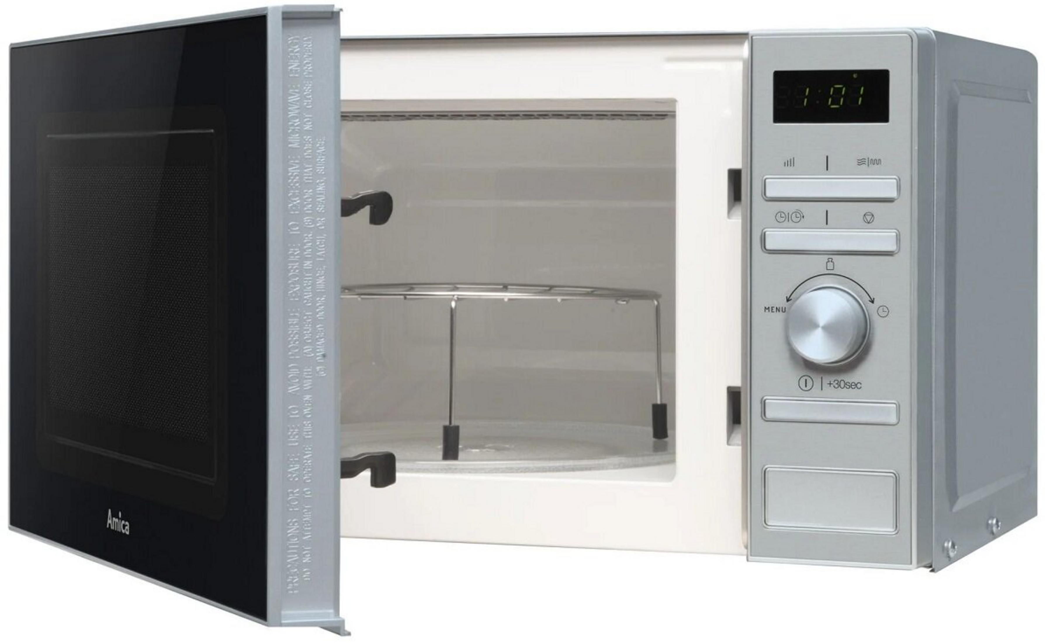 Srebrny microwave z otwartymi drzwiami, pokazujący wnętrze i panel sterowania.