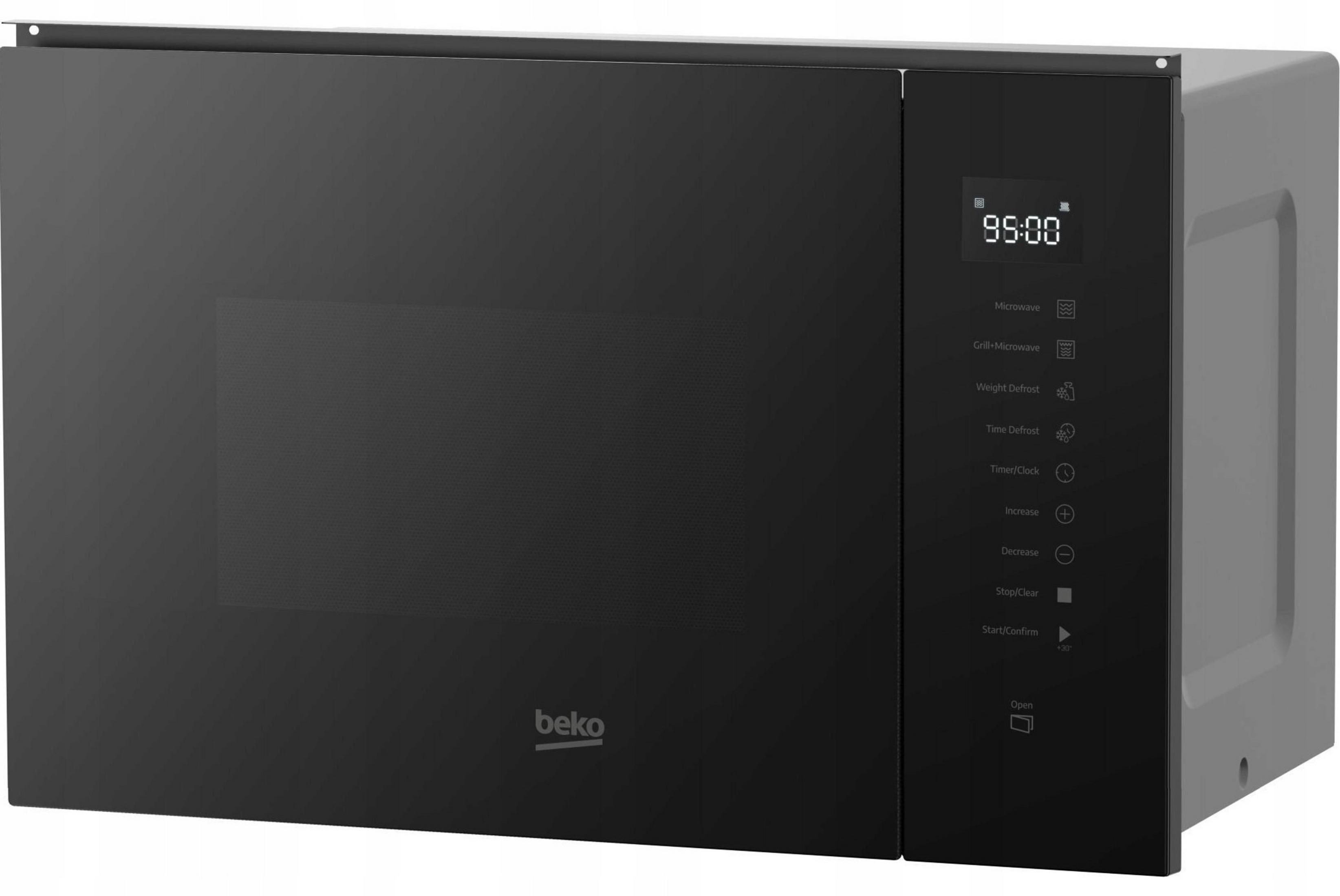 Microondas negro con pantalla digital y panel de control.