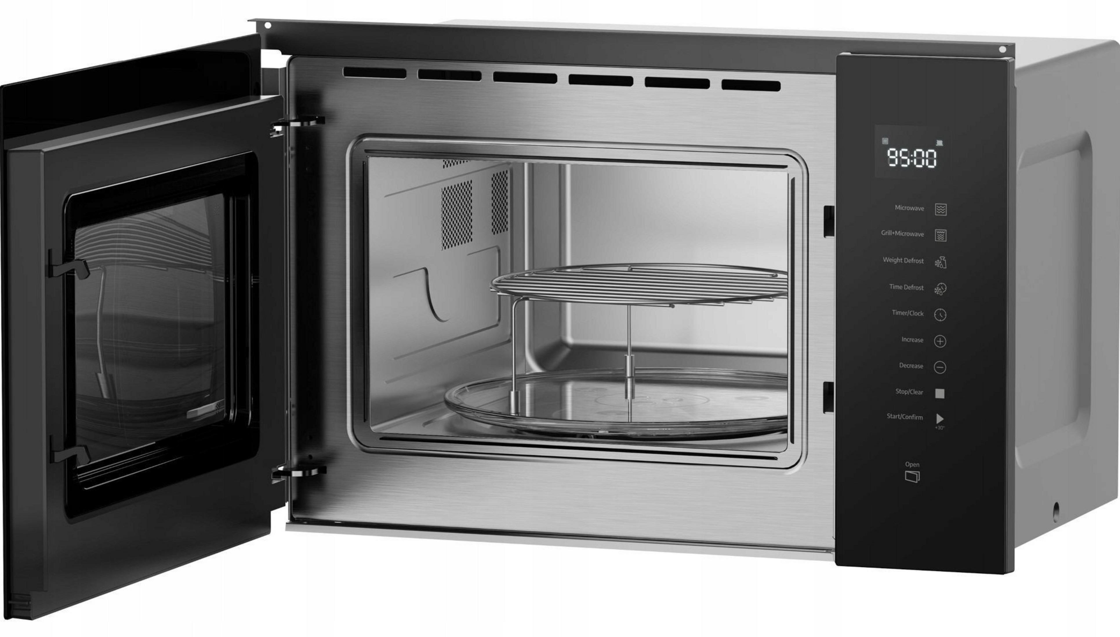 Un microondas empotrable moderno con puerta abierta, interior de acero inoxidable y controles digitales.