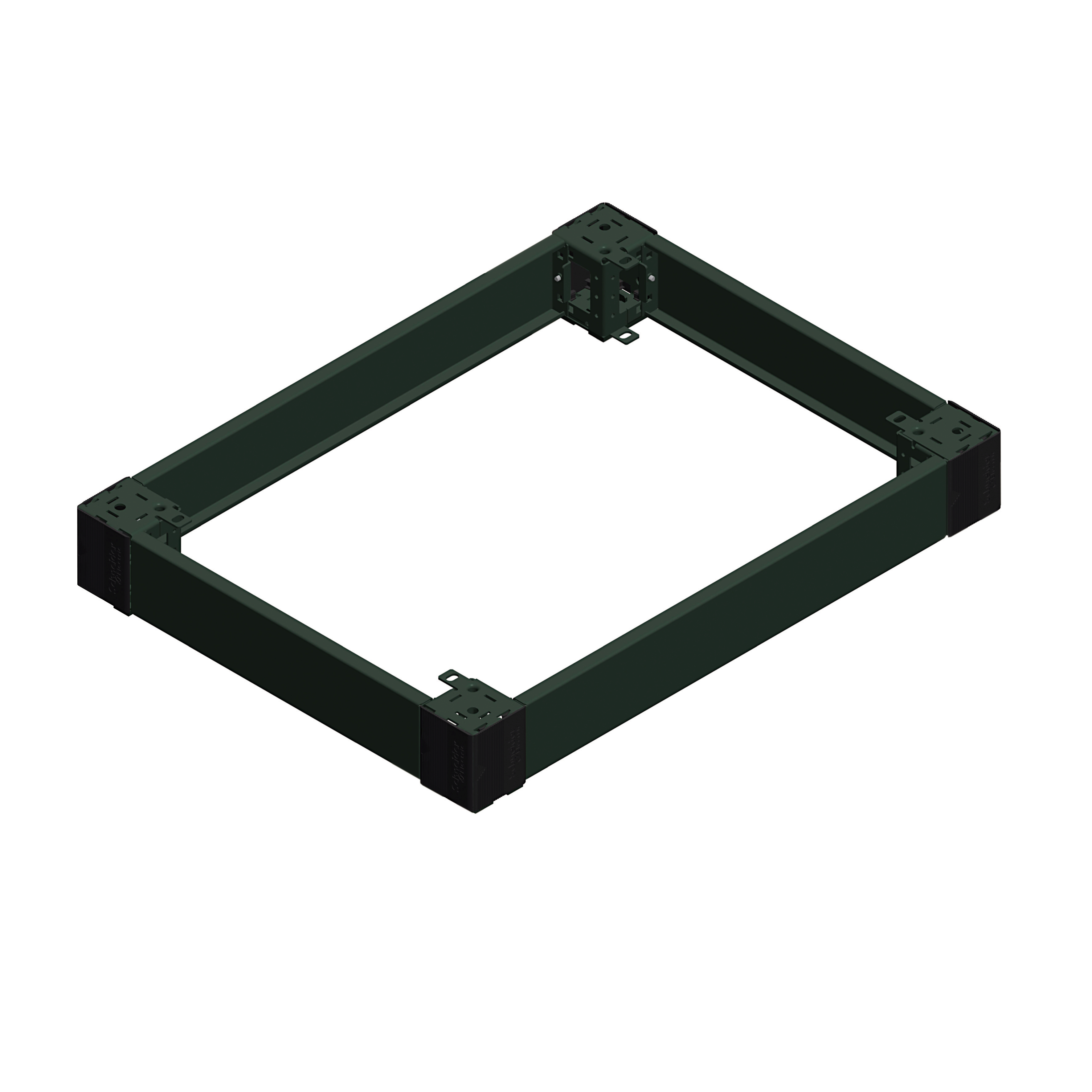 Telaio metallico verde scuro con angoli neri e punti di fissaggio.