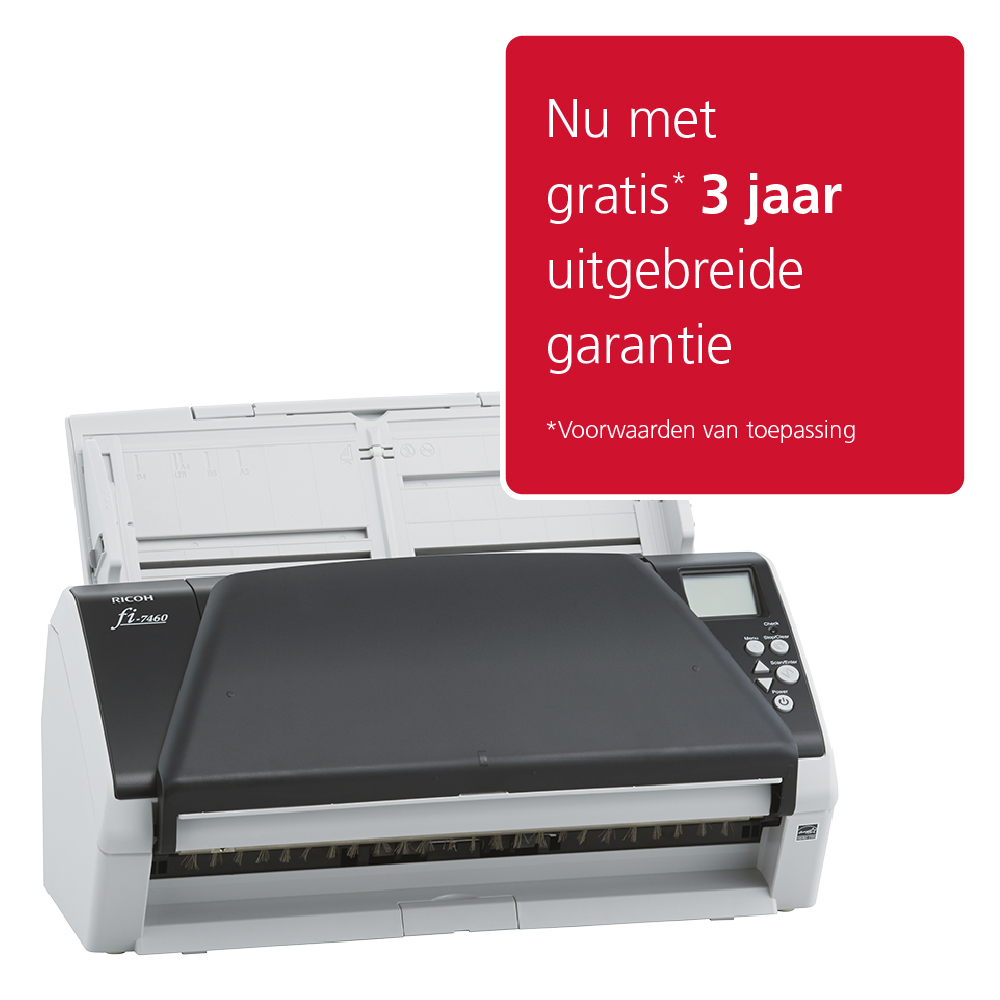 Scanner Ricoh fi-7460 con coperchio aperto, scatola rossa con informazioni sulla garanzia.