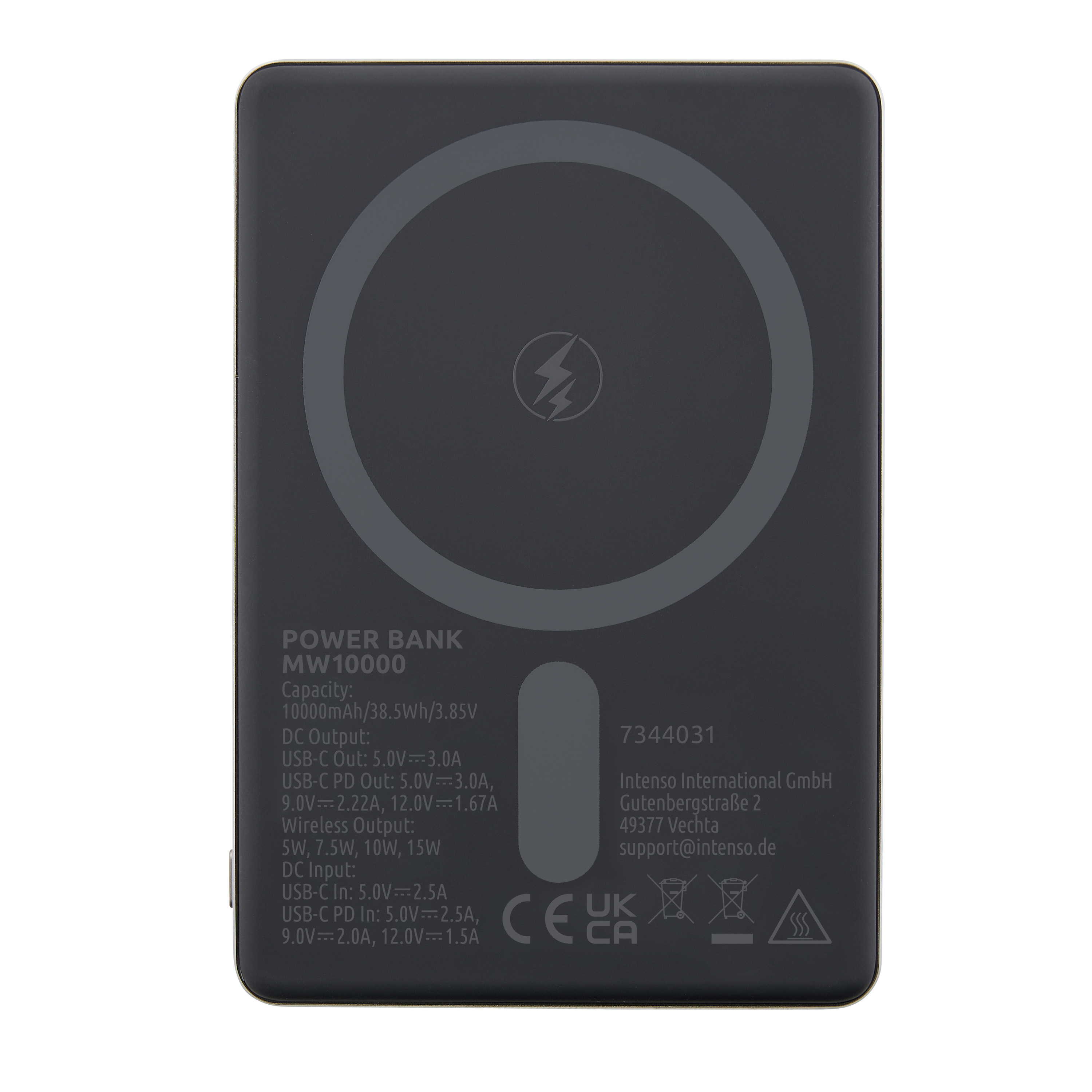 Dispositivo power bank nero con specifiche tecniche e certificazioni sul retro.