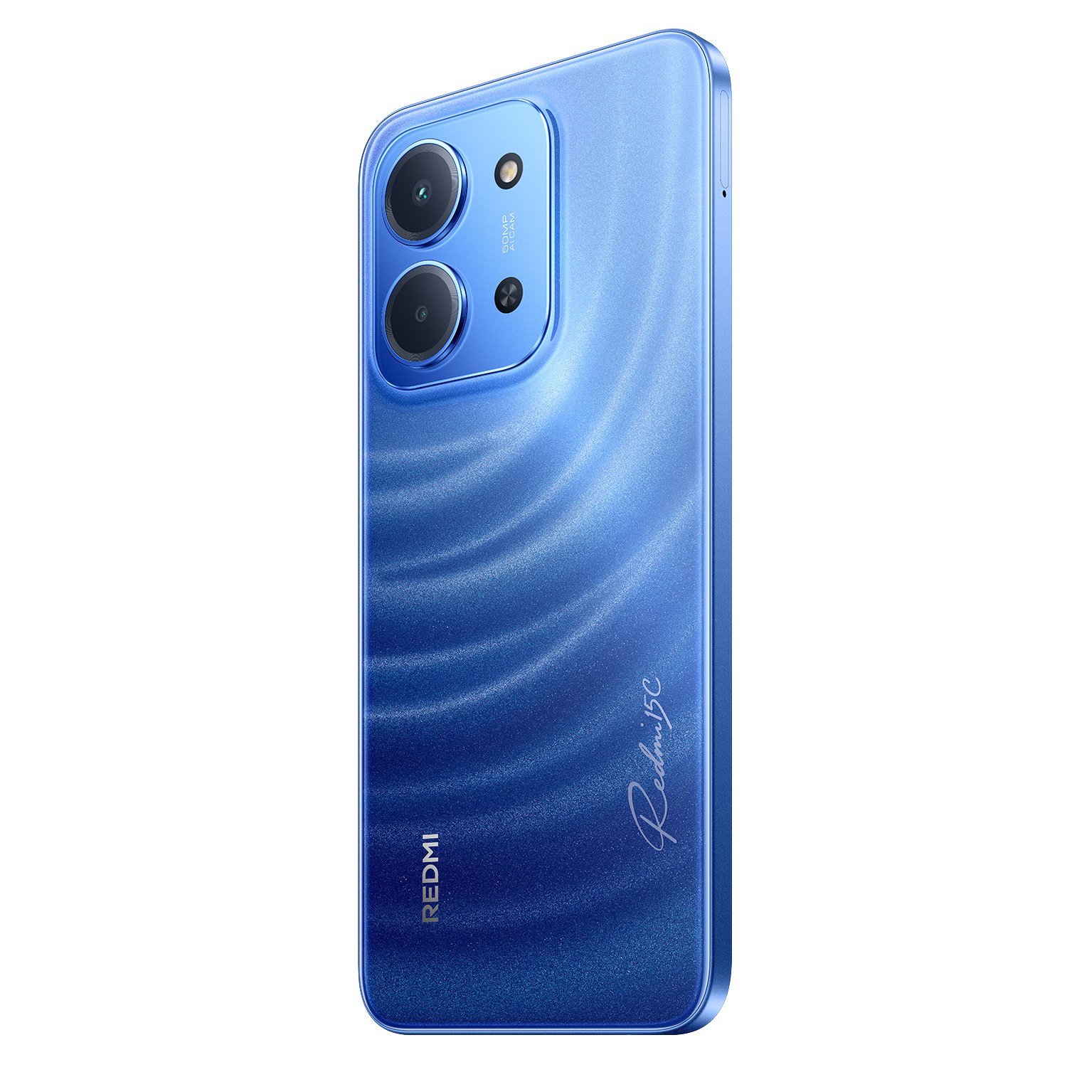 Een blauwe smartphone met dubbele camera aan de achterkant.