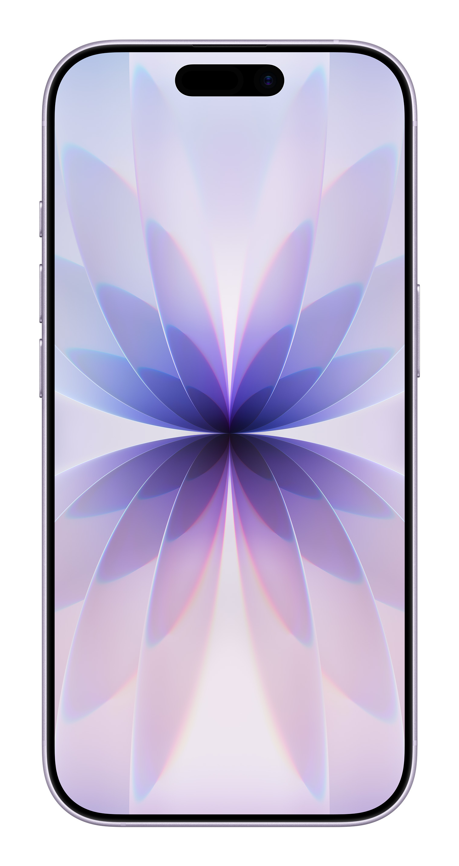 Smartfon wyświetlający fioletowy i niebieski abstrakcyjny wzór kwiatowy na ekranie.