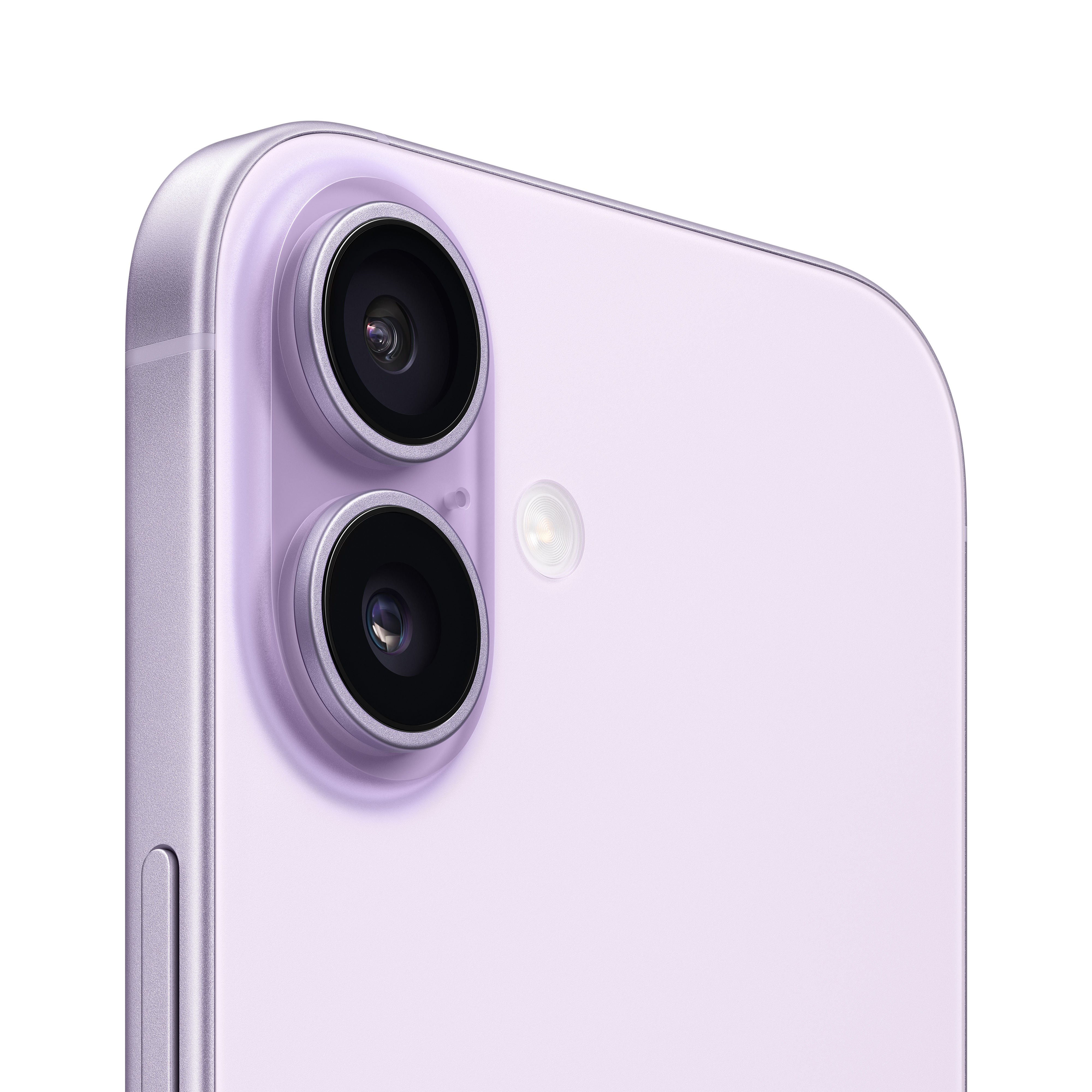 Fioletowy iPhone z podwójnym aparatem i lampą błyskową na białym tle.