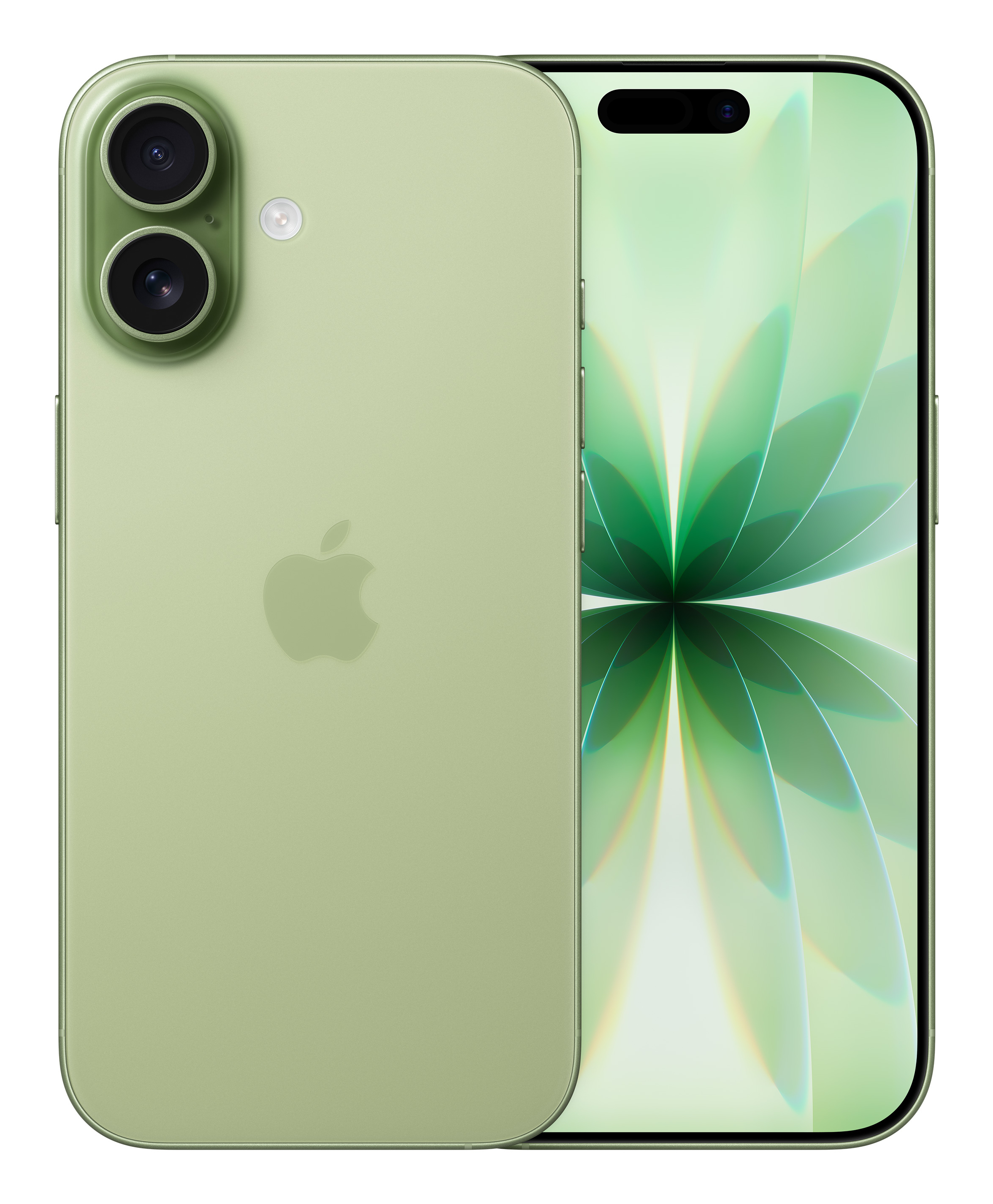 Jasnozielony smartfon z podwójnym aparatem z tyłu i świecącym ekranem.