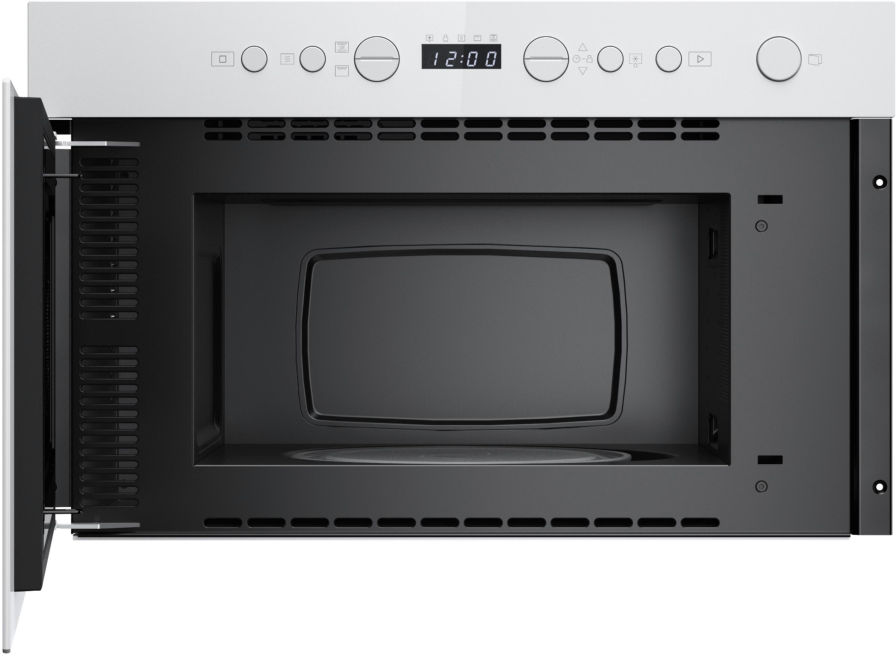 An open microwave oven with a black interior and digital display.