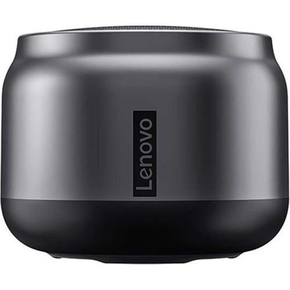Siyah tabanlı gri bir Lenovo Bluetooth hoparlör.