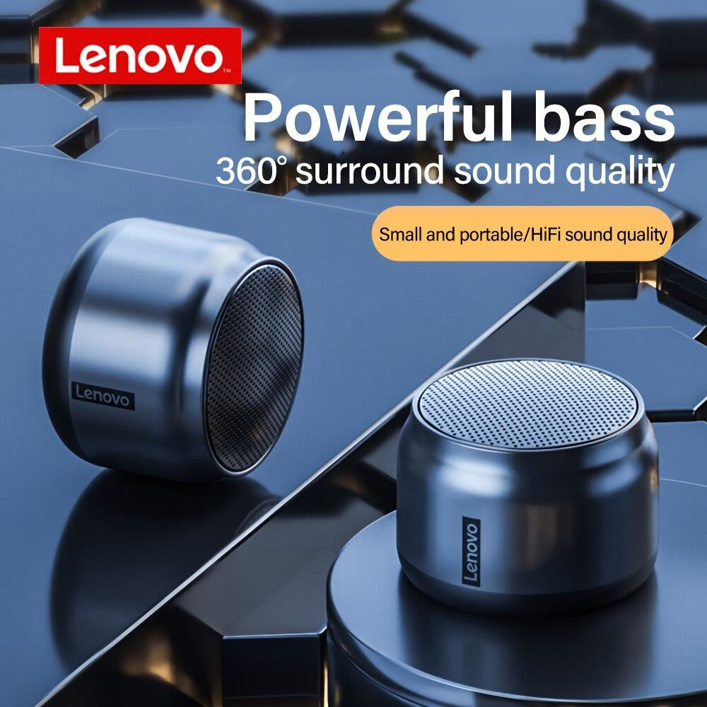 Koyu arka plan üzerinde iki gümüş renkli Lenovo hoparlör.