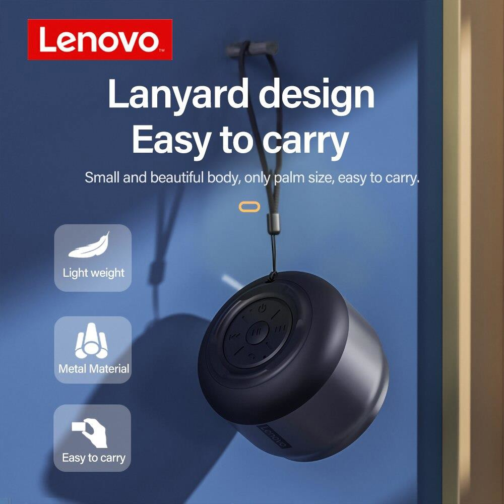 Siyah Lenovo hoparlör, kordonlu, hafif ve taşınabilir.