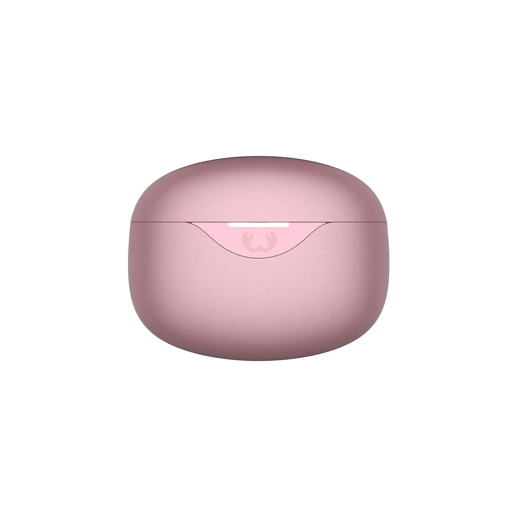 Ein geschlossenes, rosafarbenes Ladeetui für Kopfhörer mit einem Logo.