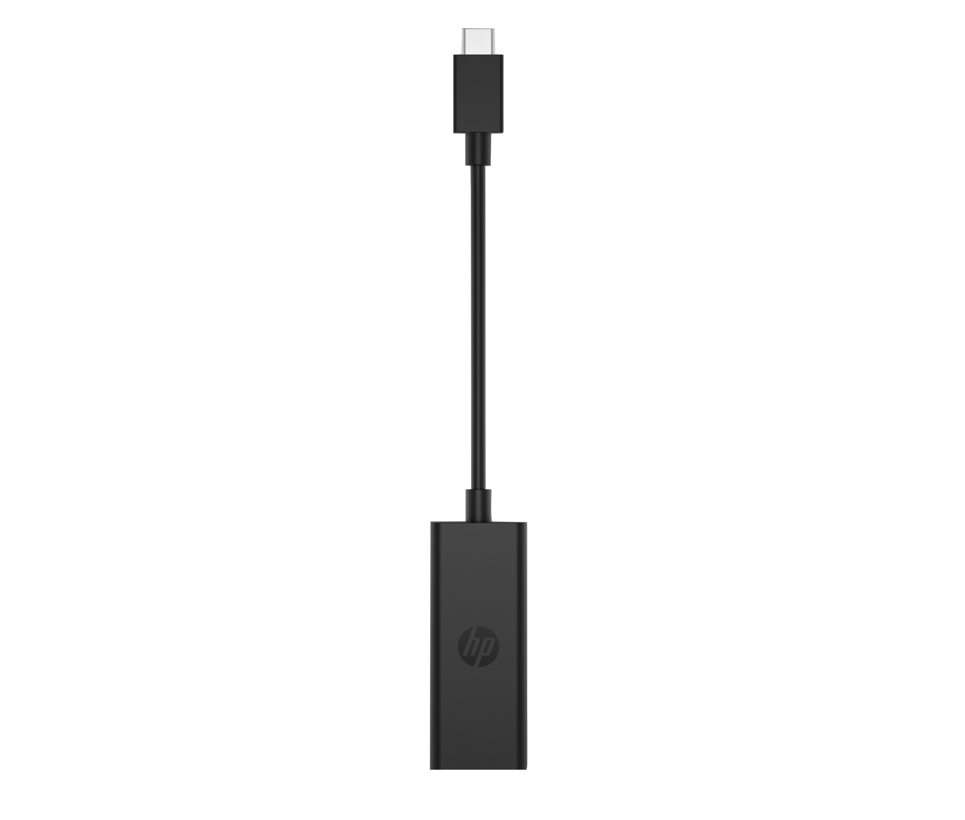 Ein schwarzer HP USB-C-Adapter mit Kabel und Anschluss.