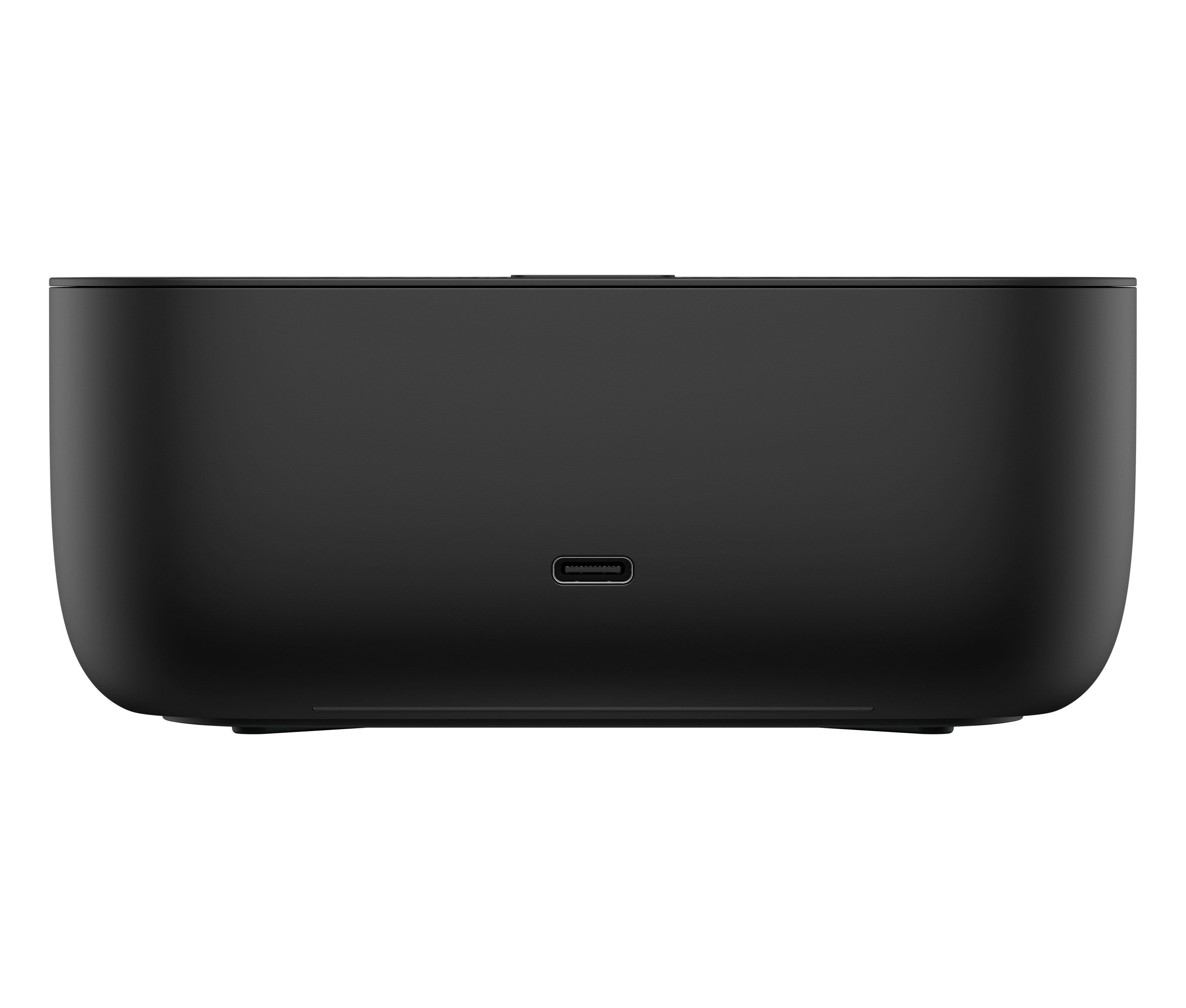 Ein schwarzes, rechteckiges Gerät mit abgerundeten Ecken und einem USB-C-Anschluss.