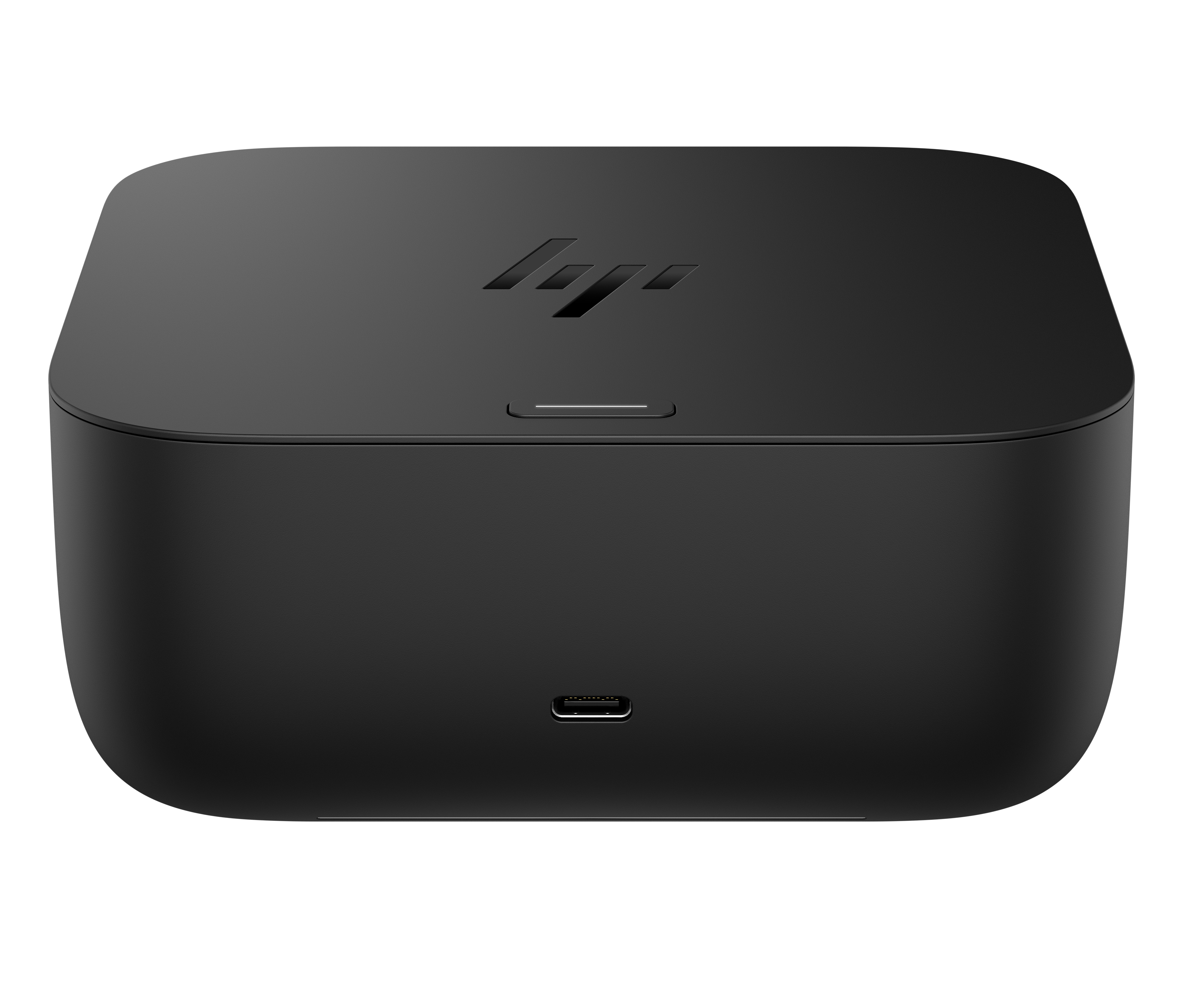Schwarzer HP Docking-Ständer mit USB-C-Anschluss und HP-Logo.