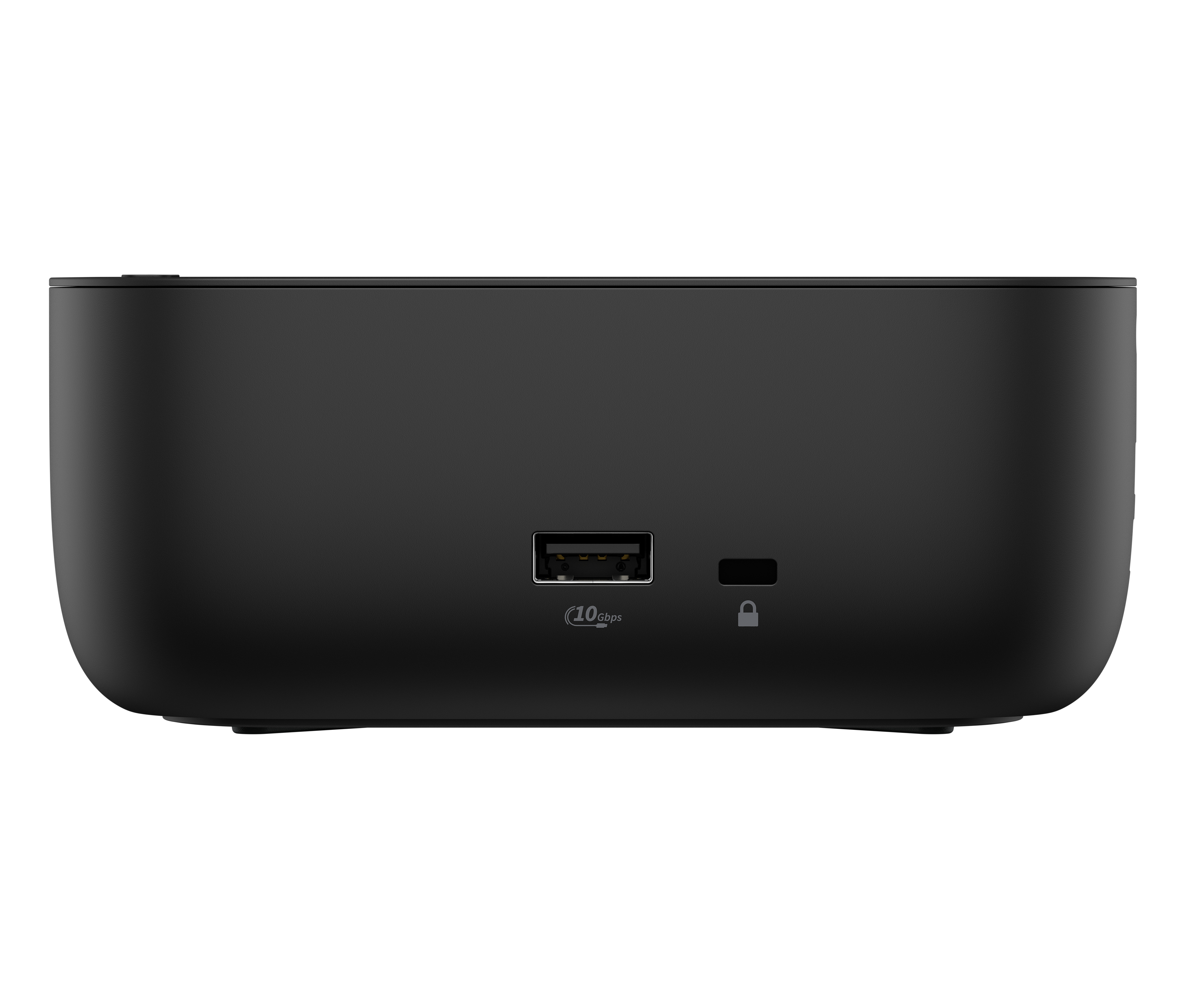 Schwarzes Gehäuse mit USB-A-, USB-C-Anschluss und einem Schloss-Symbol.