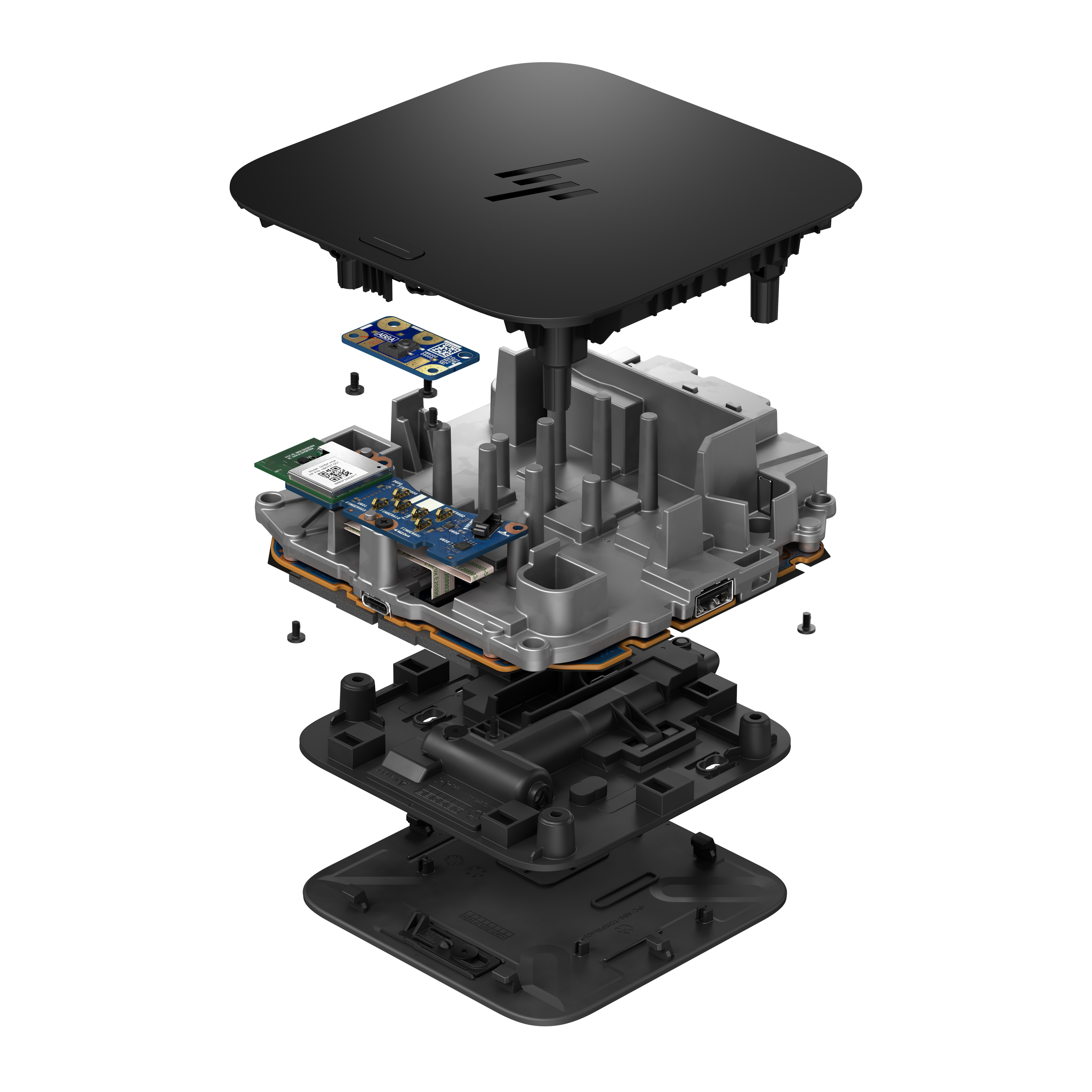 Explodierte Ansicht eines schwarzen Computers mit Leiterplatten und Schrauben.